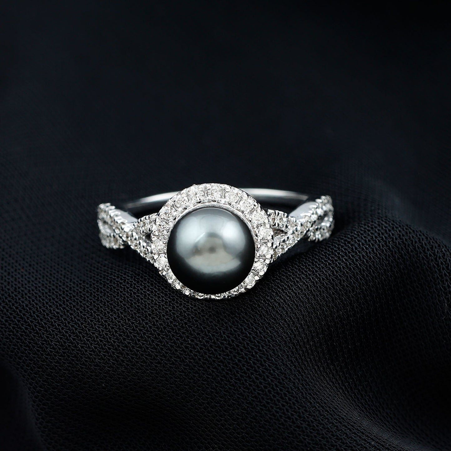Real Tahitian Pearl and Diamond Crossover Engagement Ring