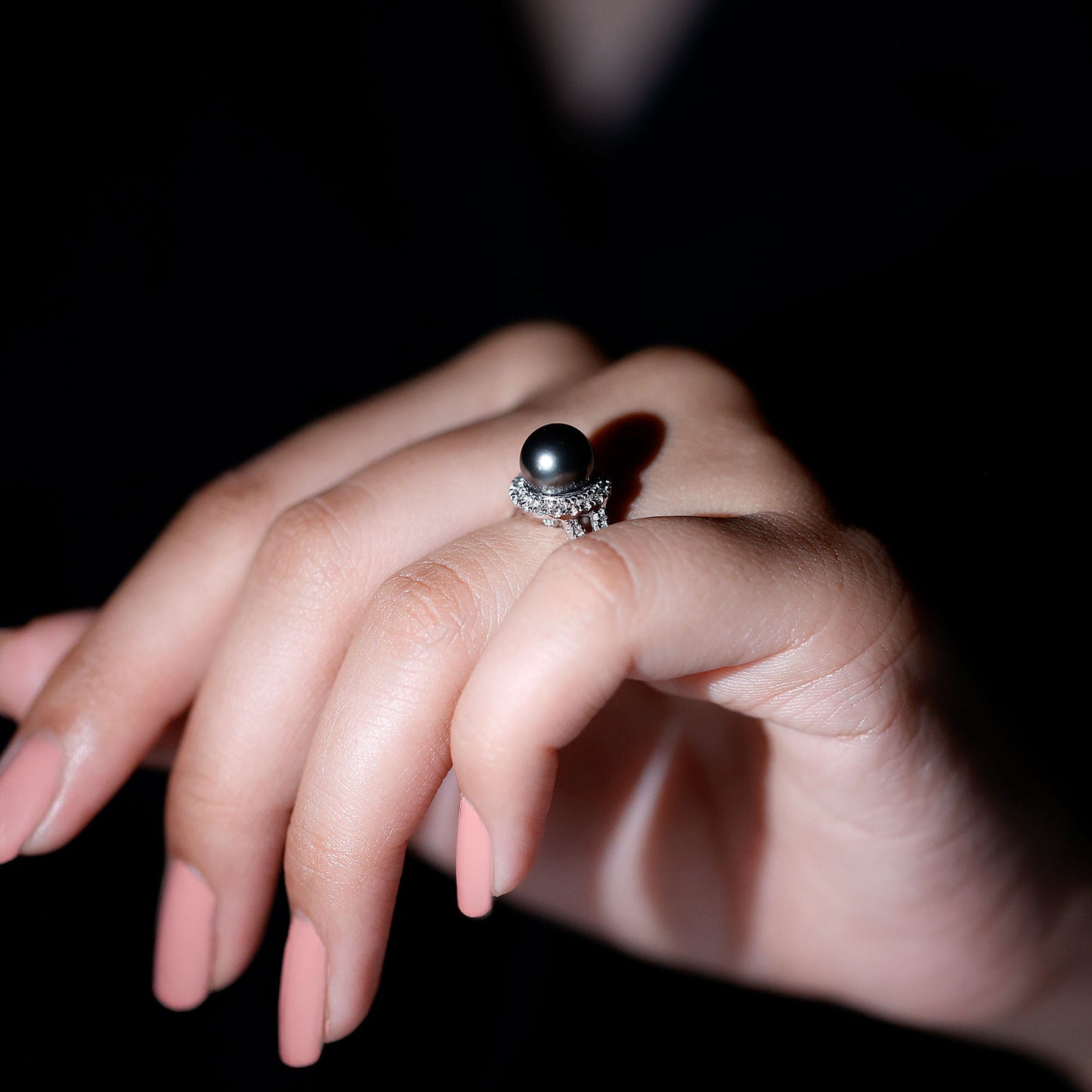 Real Tahitian Pearl and Diamond Crossover Engagement Ring