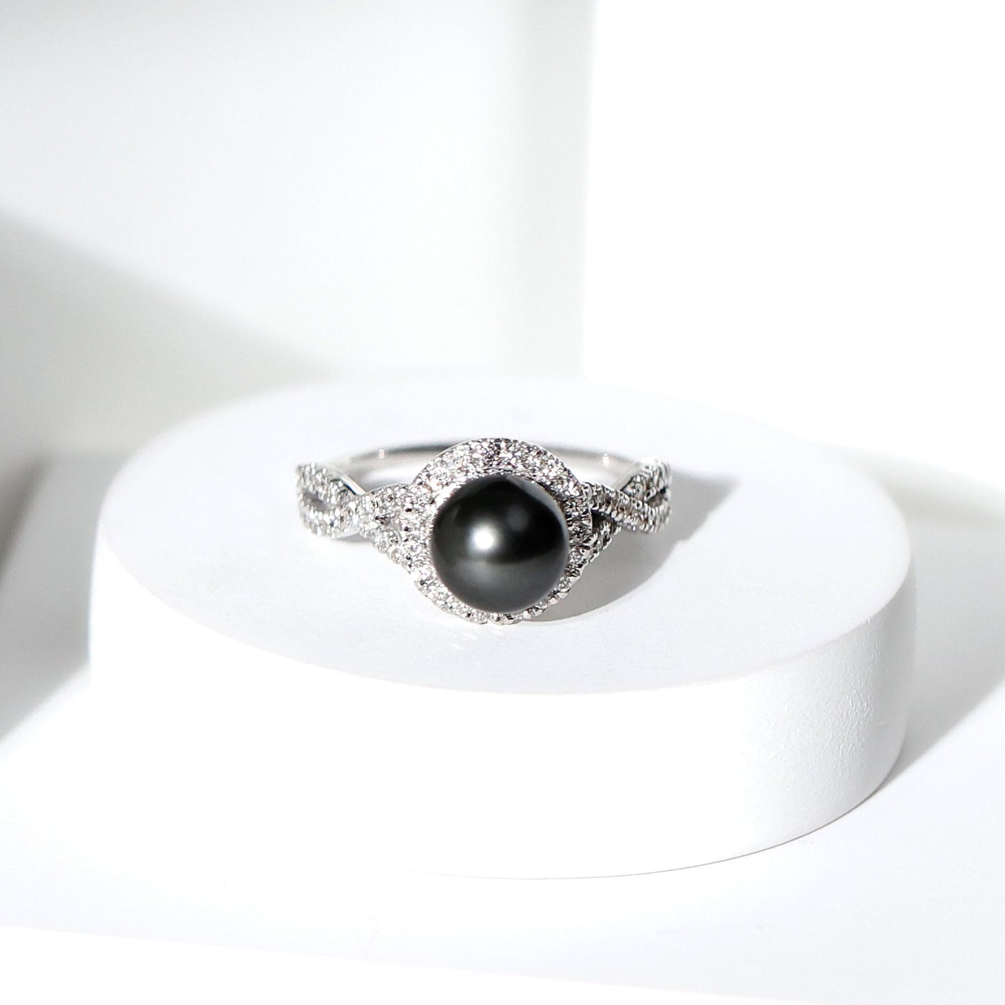 Real Tahitian Pearl and Diamond Crossover Engagement Ring