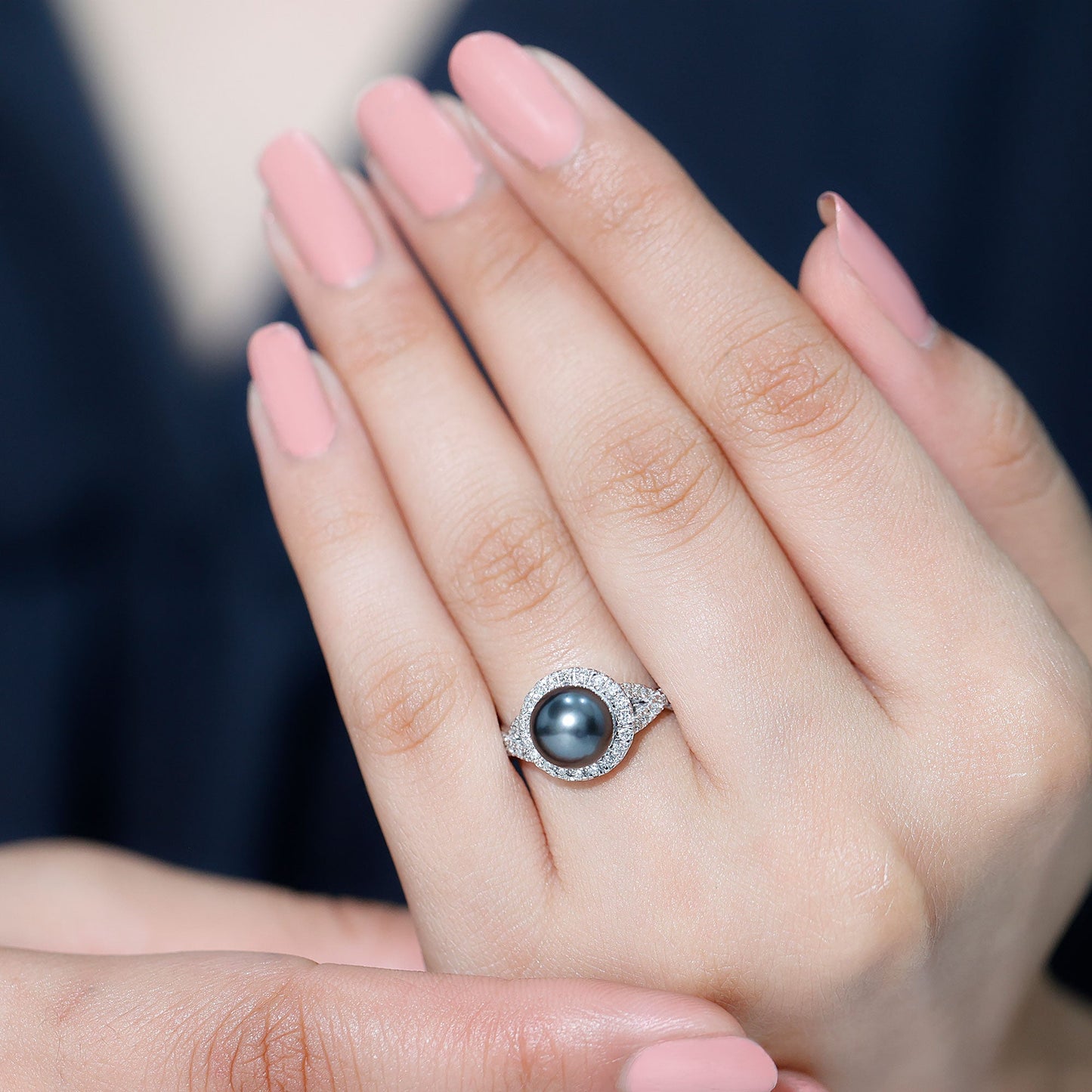 Real Tahitian Pearl and Diamond Crossover Engagement Ring