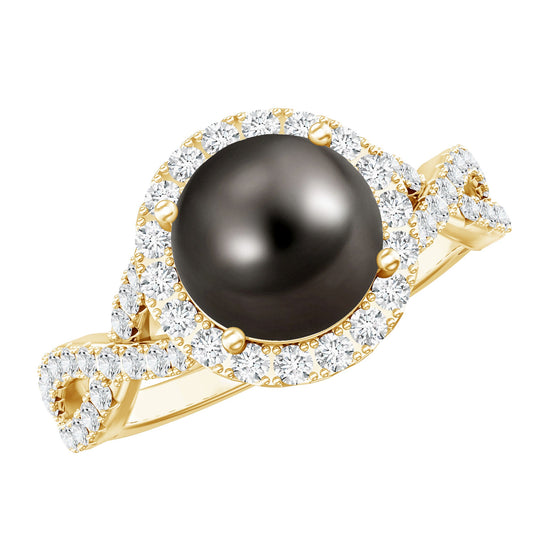 Real Tahitian Pearl and Diamond Crossover Engagement Ring