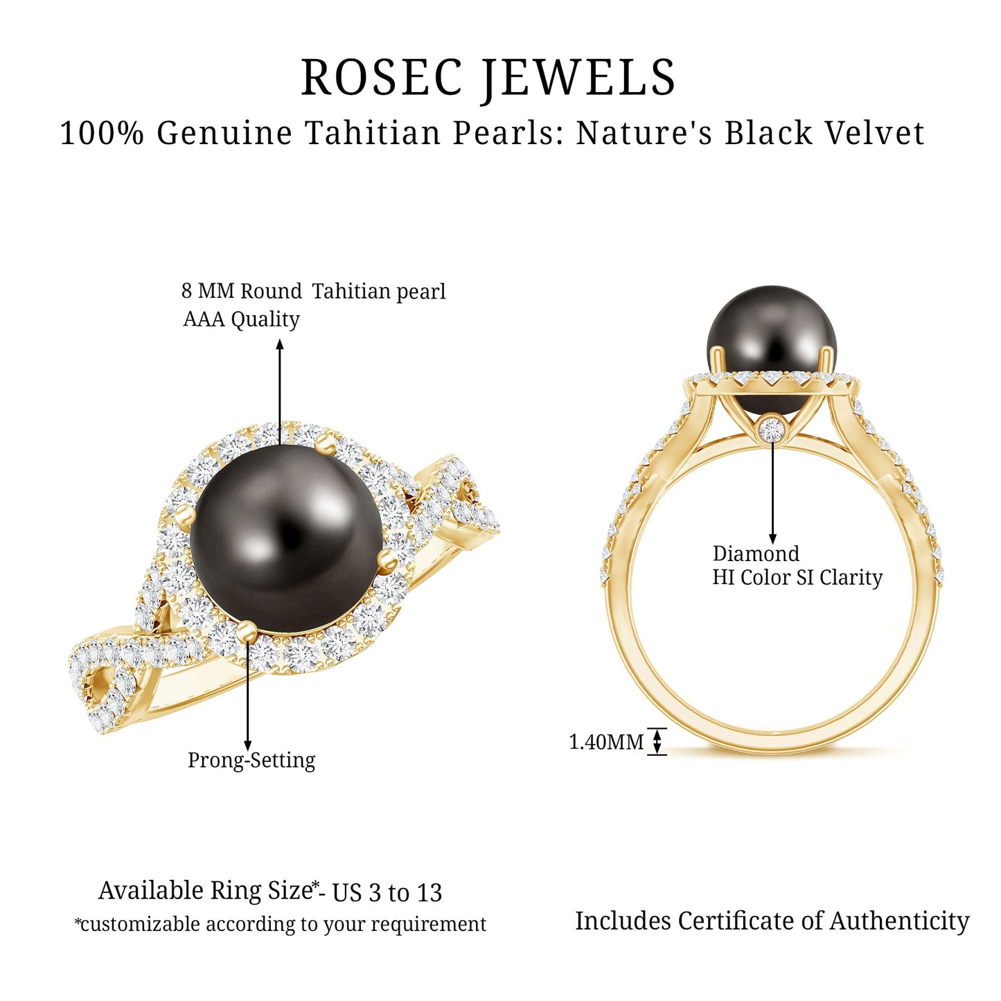 Real Tahitian Pearl and Diamond Crossover Engagement Ring