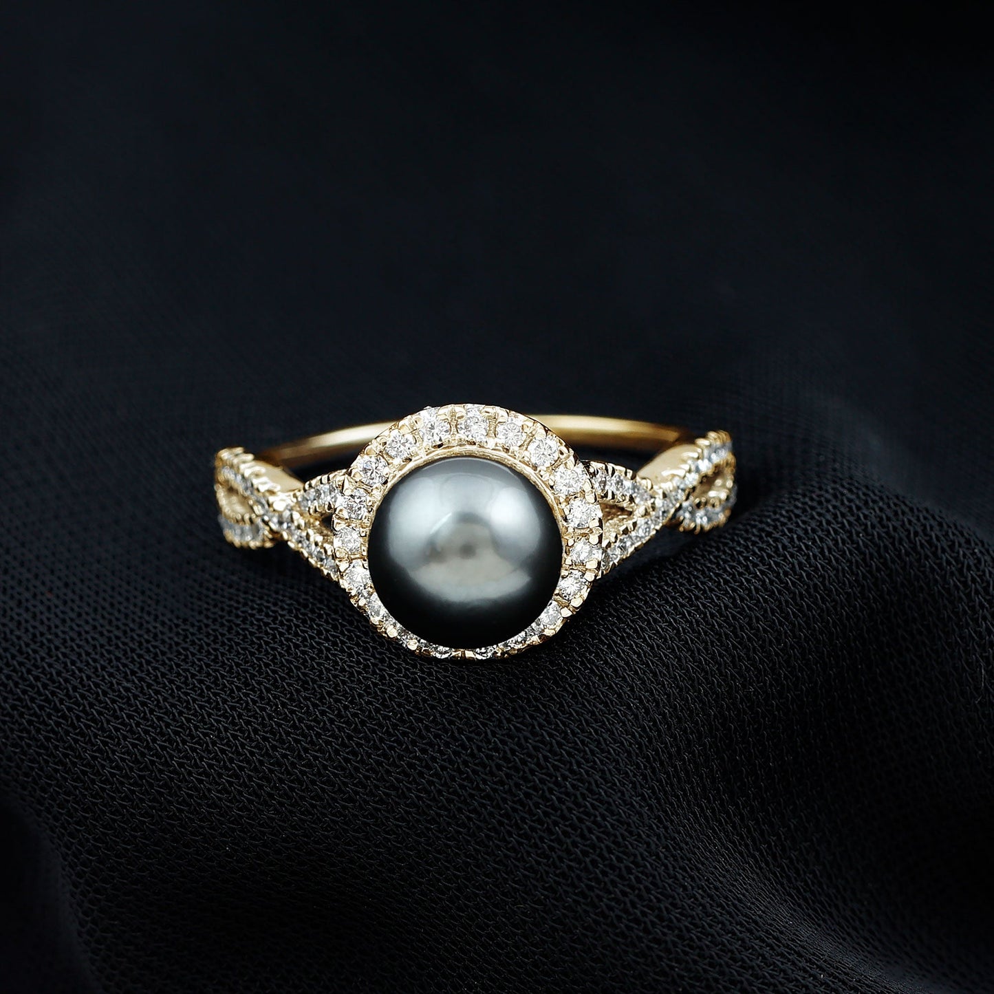 Real Tahitian Pearl and Diamond Crossover Engagement Ring
