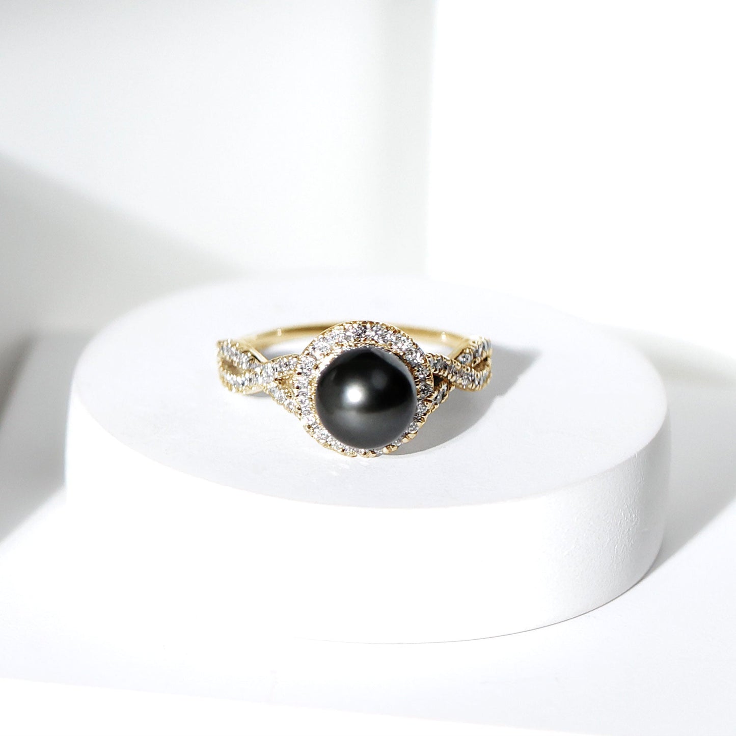 Real Tahitian Pearl and Diamond Crossover Engagement Ring