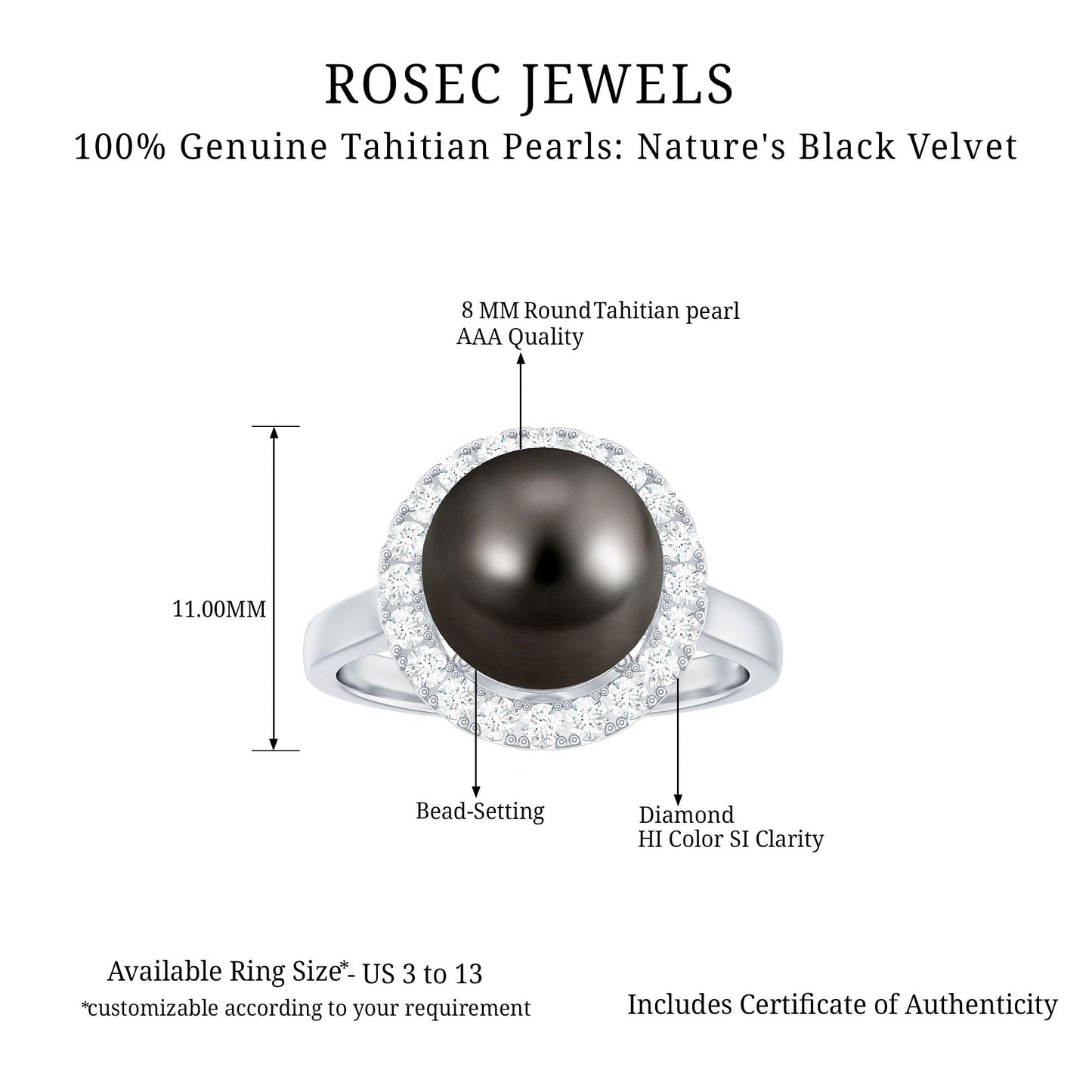Genuine Tahitian Black Pearl and Diamond Engagement Ring