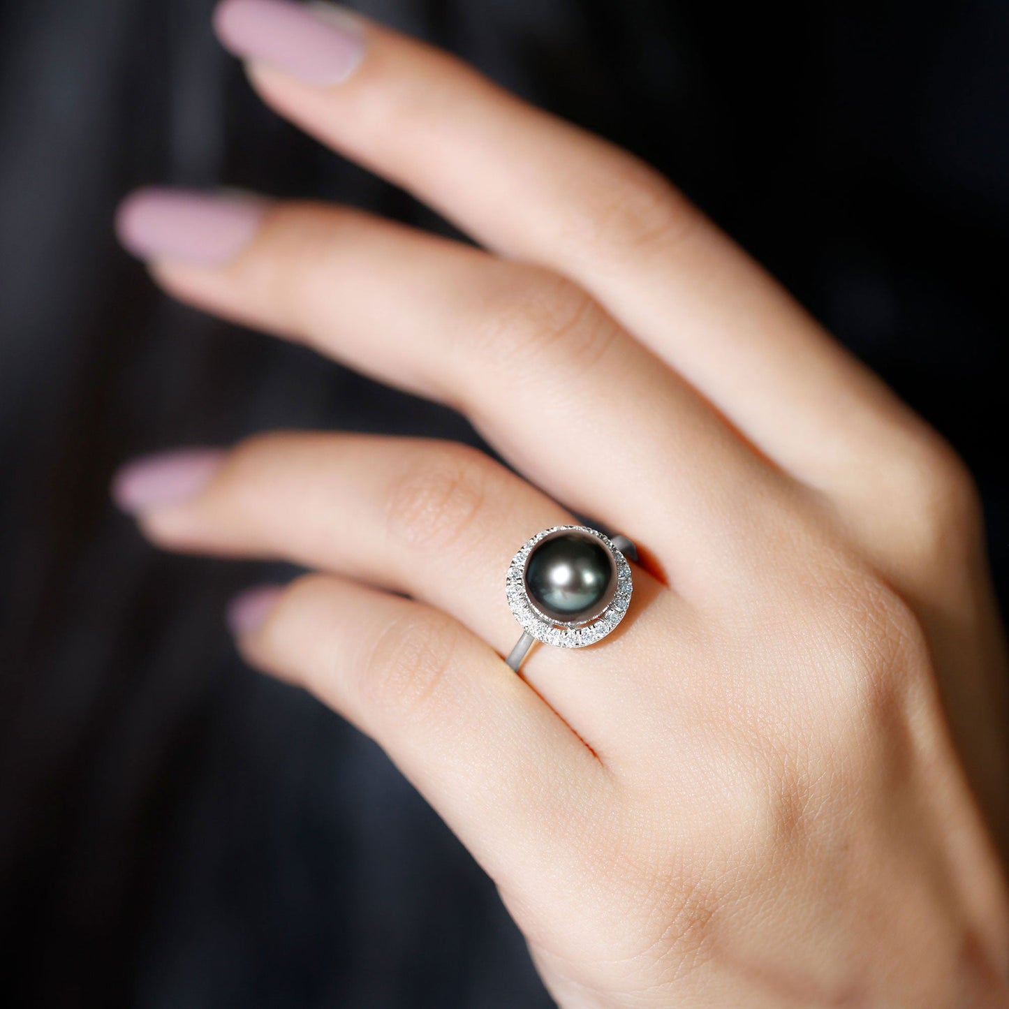 Genuine Tahitian Black Pearl and Diamond Engagement Ring