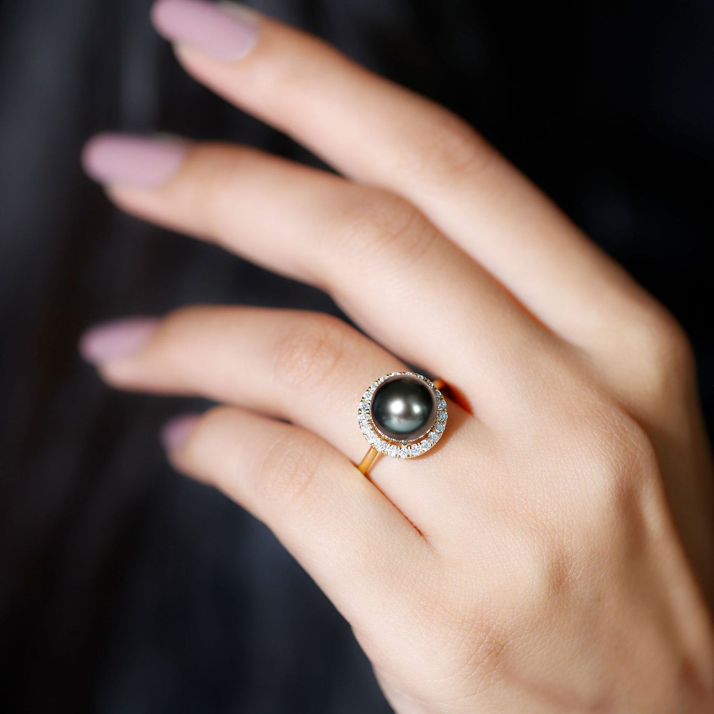 Genuine Tahitian Black Pearl and Diamond Engagement Ring