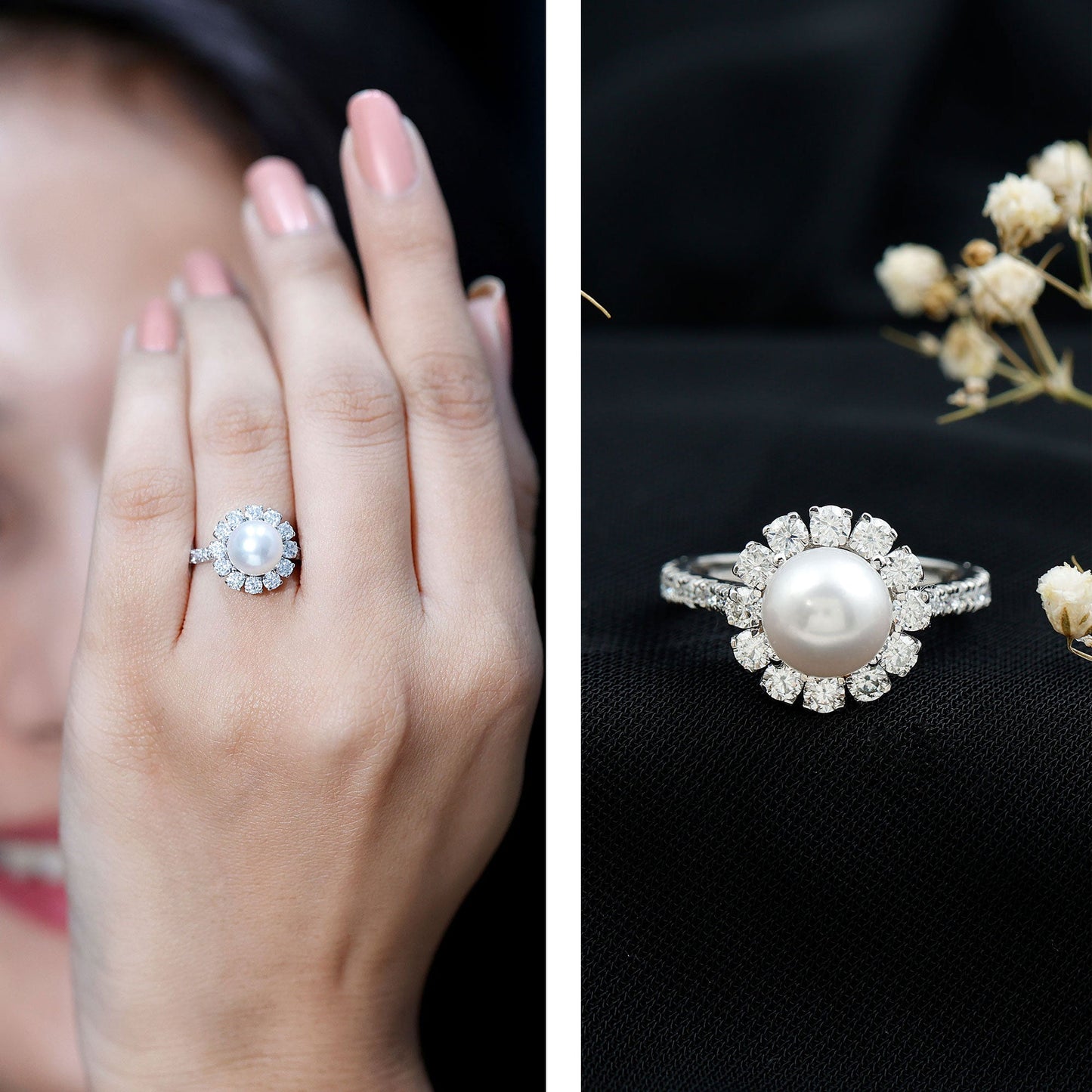 Genuine 7.4 Carat Freshwater Pearl Engagement Ring with Moissanite Halo