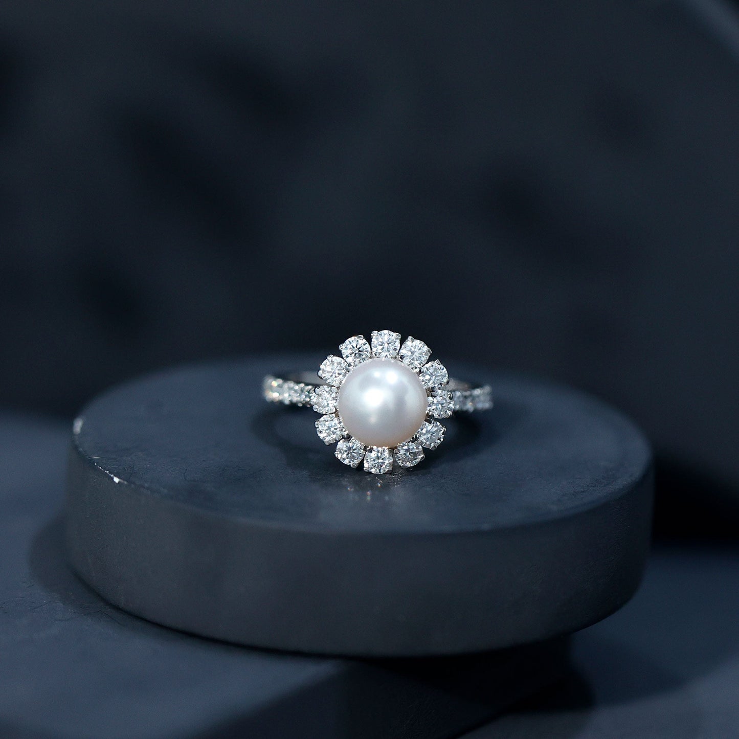 Genuine 7.4 Carat Freshwater Pearl Engagement Ring with Moissanite Halo