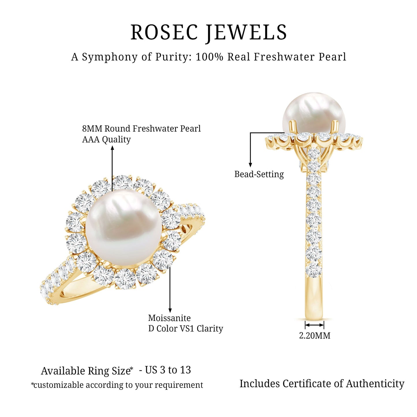 Genuine 7.4 Carat Freshwater Pearl Engagement Ring with Moissanite Halo