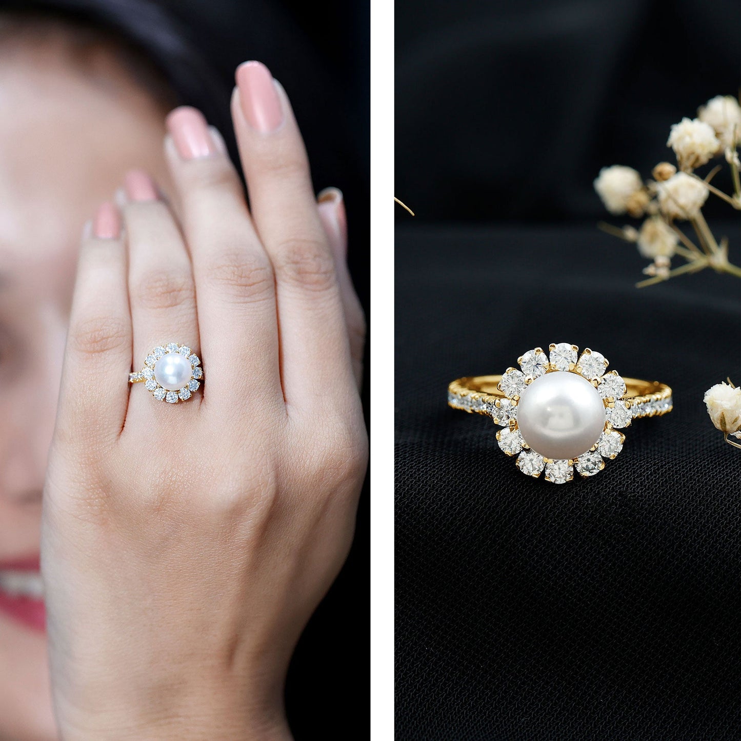 Genuine 7.4 Carat Freshwater Pearl Engagement Ring with Moissanite Halo