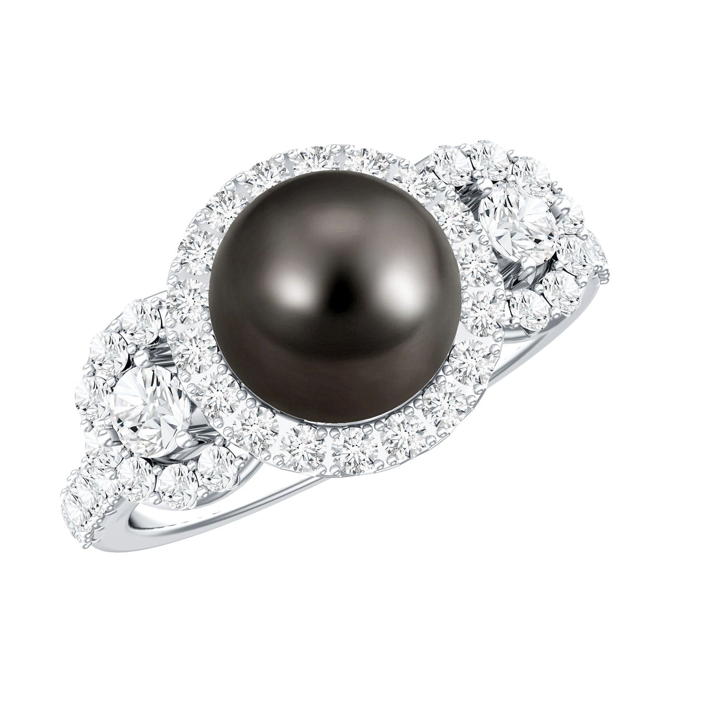 7.5 Carat Round Black Pearl Engagement Ring with Moissanite Accent