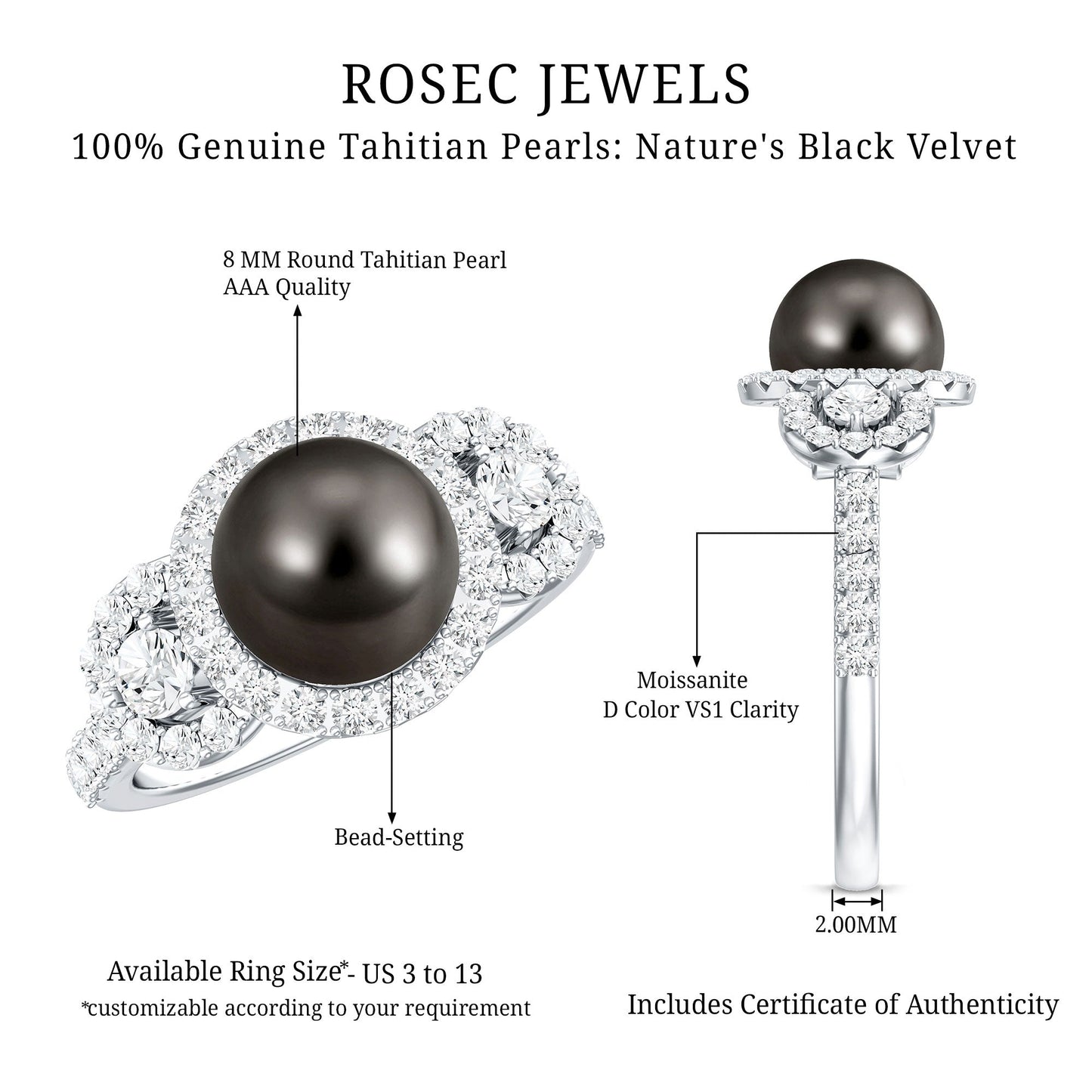 7.5 Carat Round Black Pearl Engagement Ring with Moissanite Accent