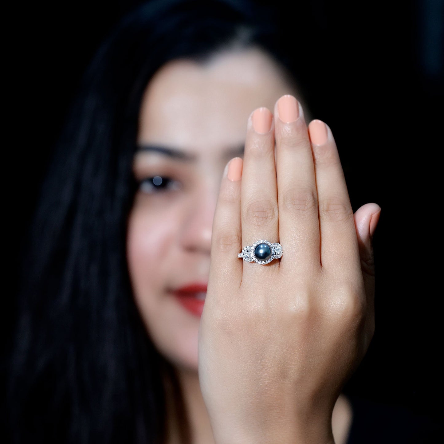 7.5 Carat Round Black Pearl Engagement Ring with Moissanite Accent