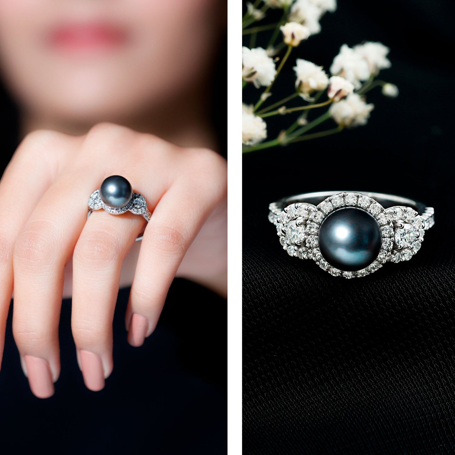 7.5 Carat Round Black Pearl Engagement Ring with Moissanite Accent