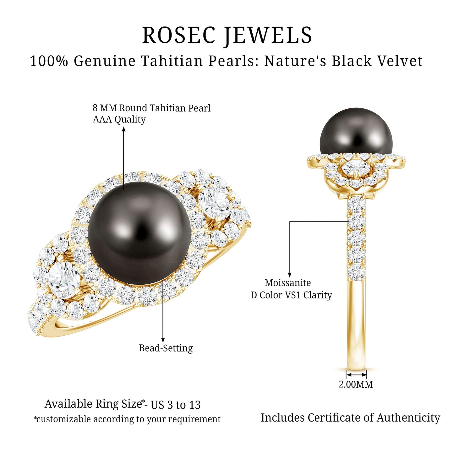 7.5 Carat Round Black Pearl Engagement Ring with Moissanite Accent