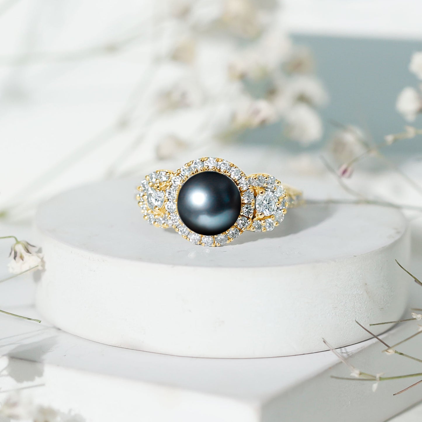 7.5 Carat Round Black Pearl Engagement Ring with Moissanite Accent