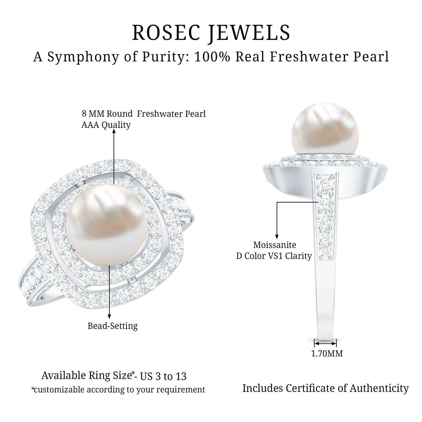 7.4 Carat Freshwater Pearl Double Halo Engagement Ring with Moissanite