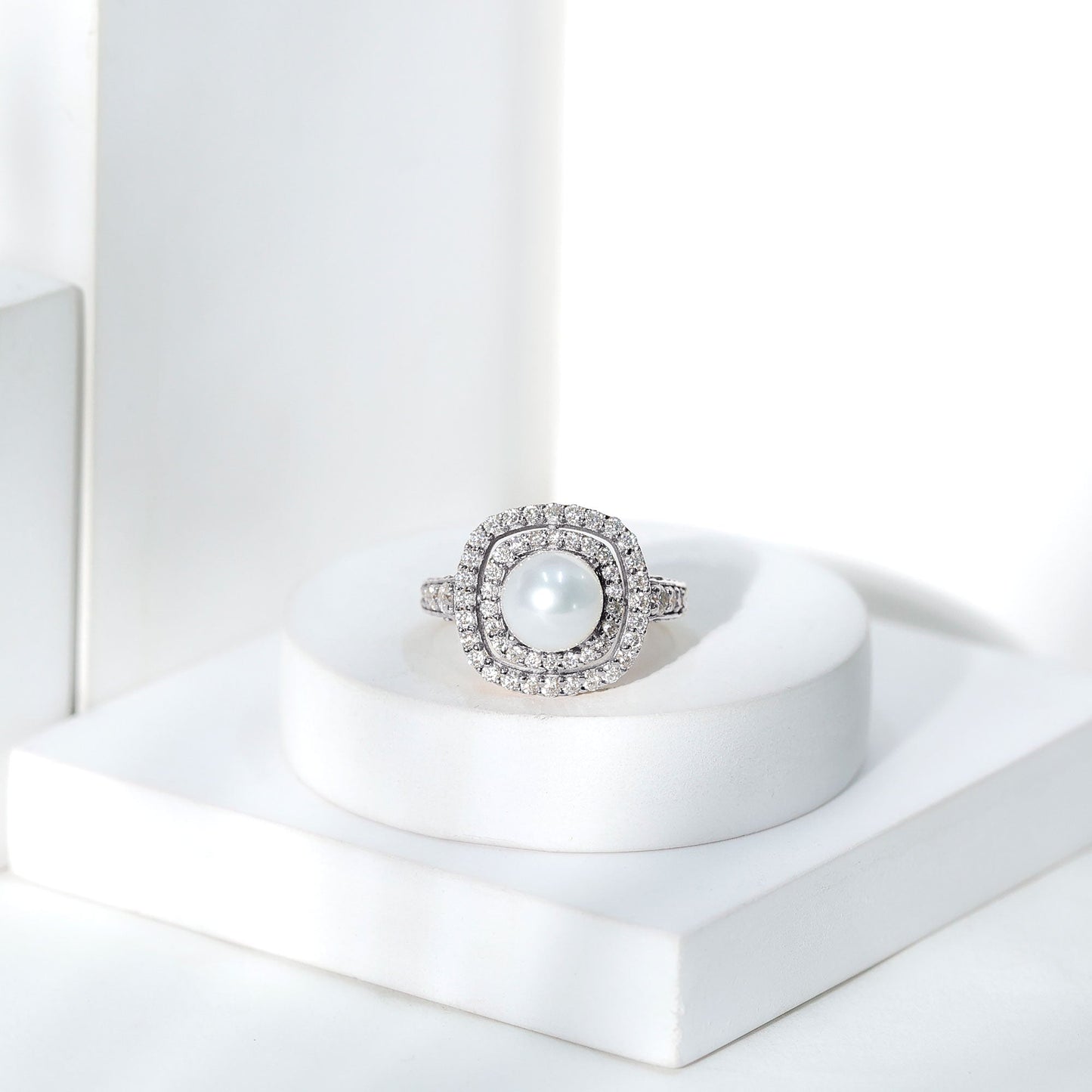 7.4 Carat Freshwater Pearl Double Halo Engagement Ring with Moissanite