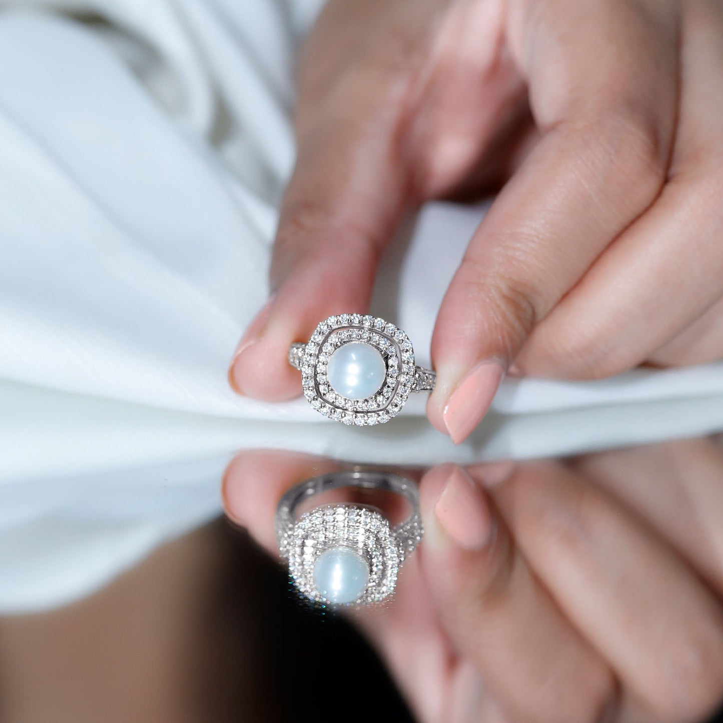 7.4 Carat Freshwater Pearl Double Halo Engagement Ring with Moissanite