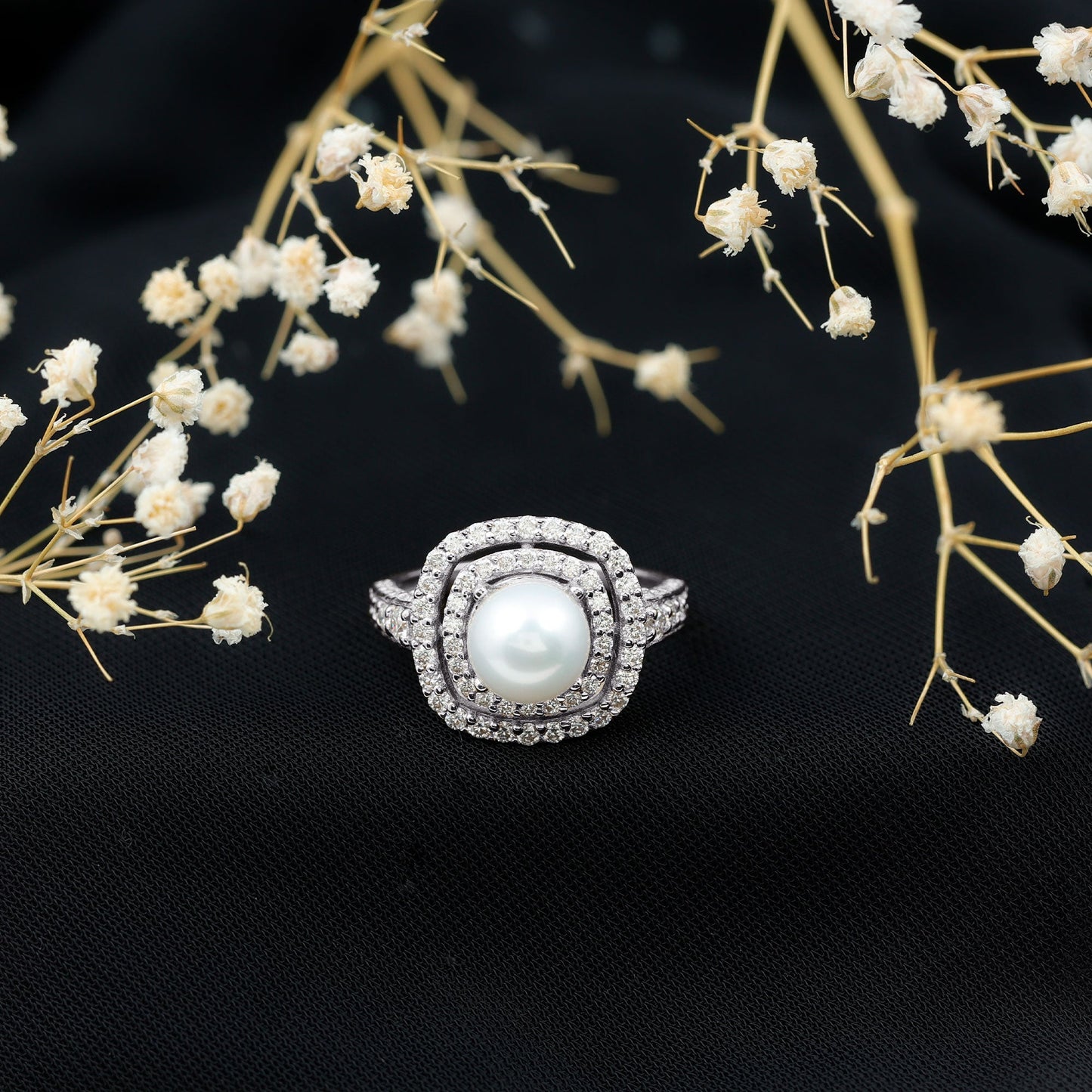 7.4 Carat Freshwater Pearl Double Halo Engagement Ring with Moissanite