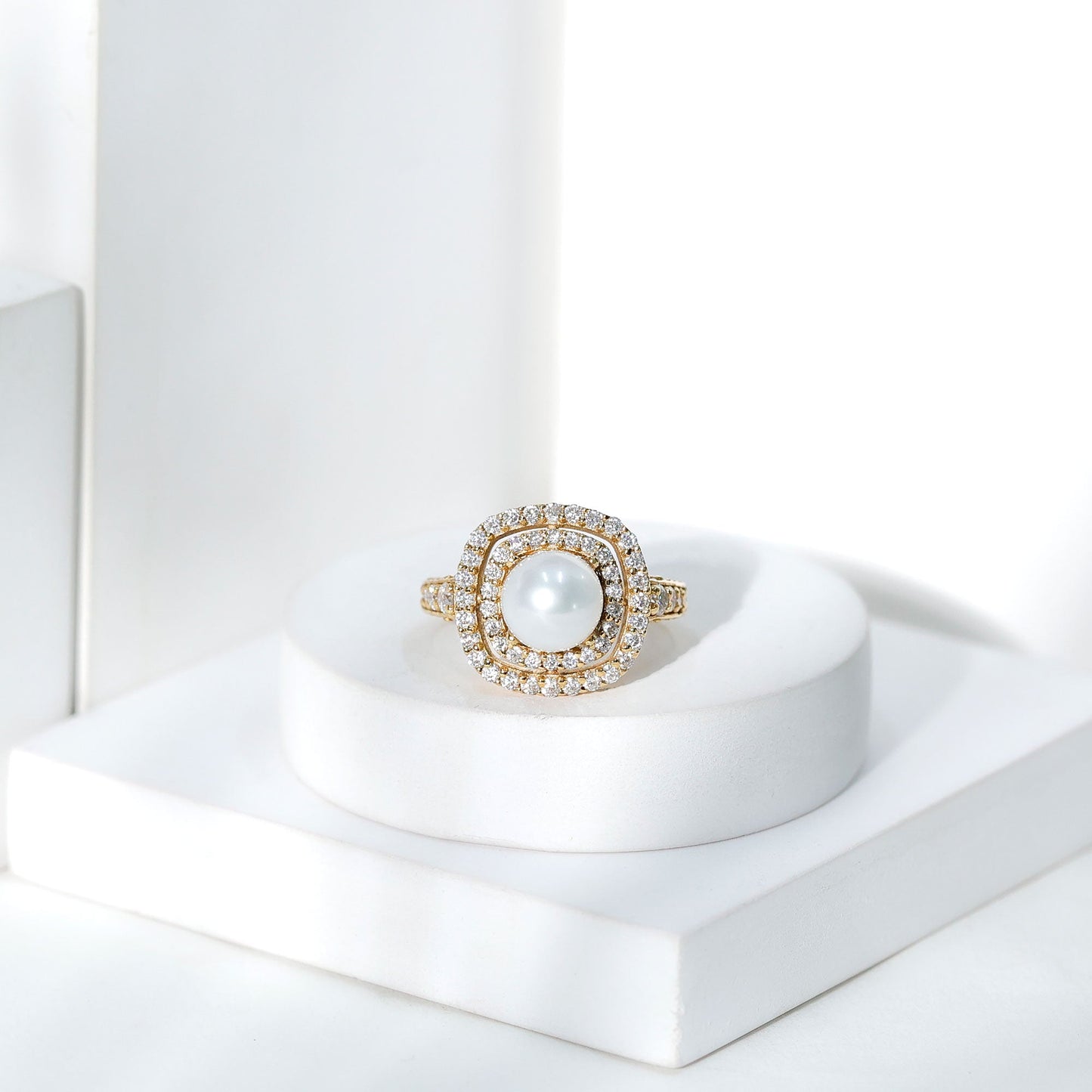 7.4 Carat Freshwater Pearl Double Halo Engagement Ring with Moissanite