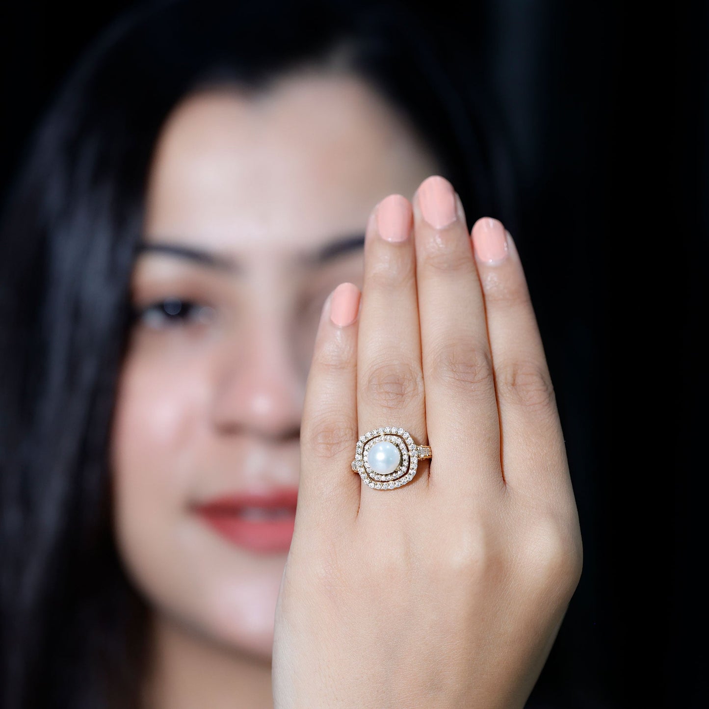 7.4 Carat Freshwater Pearl Double Halo Engagement Ring with Moissanite