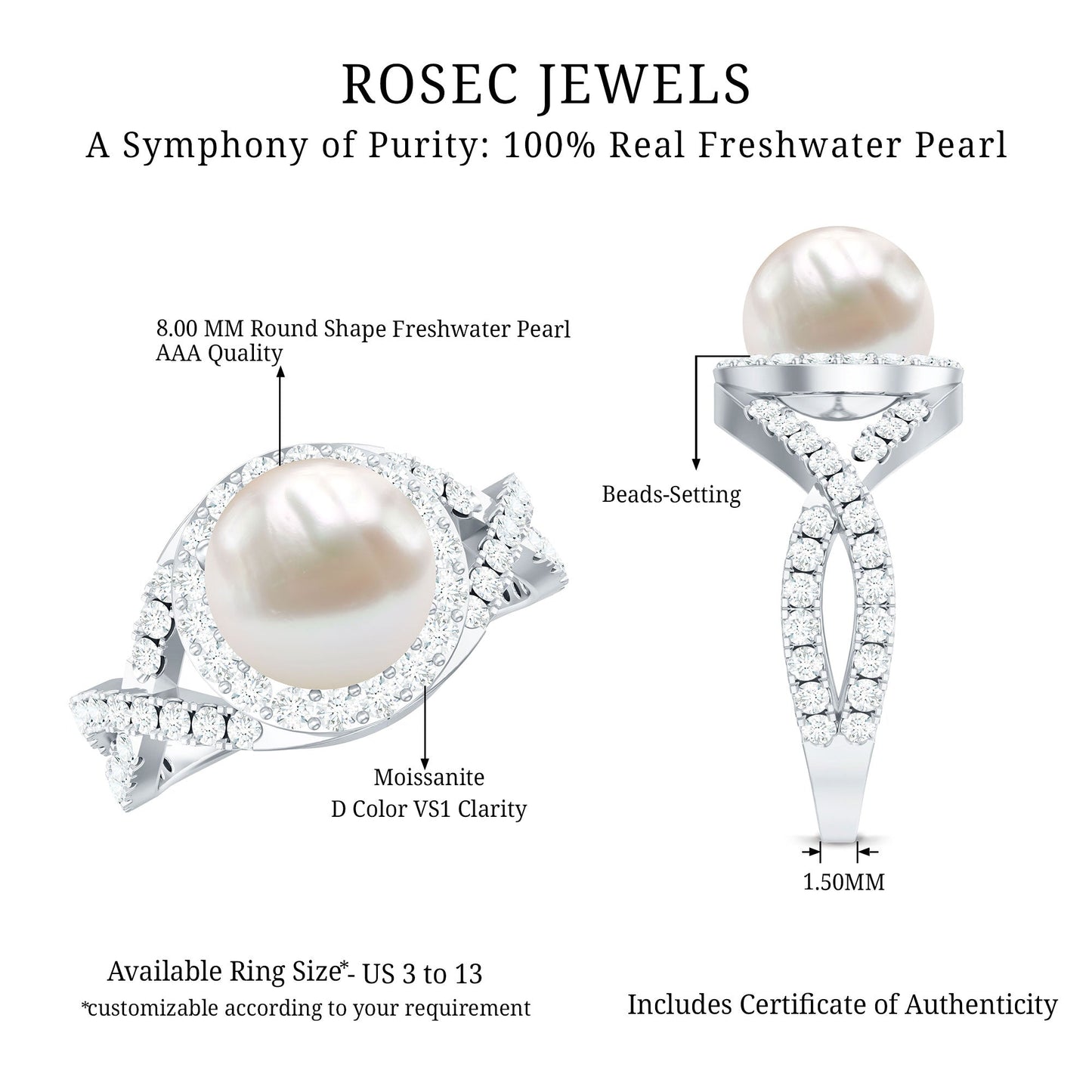 7.4 Carat Freshwater Pearl Engagement Ring with Moissanite Crossover Shank