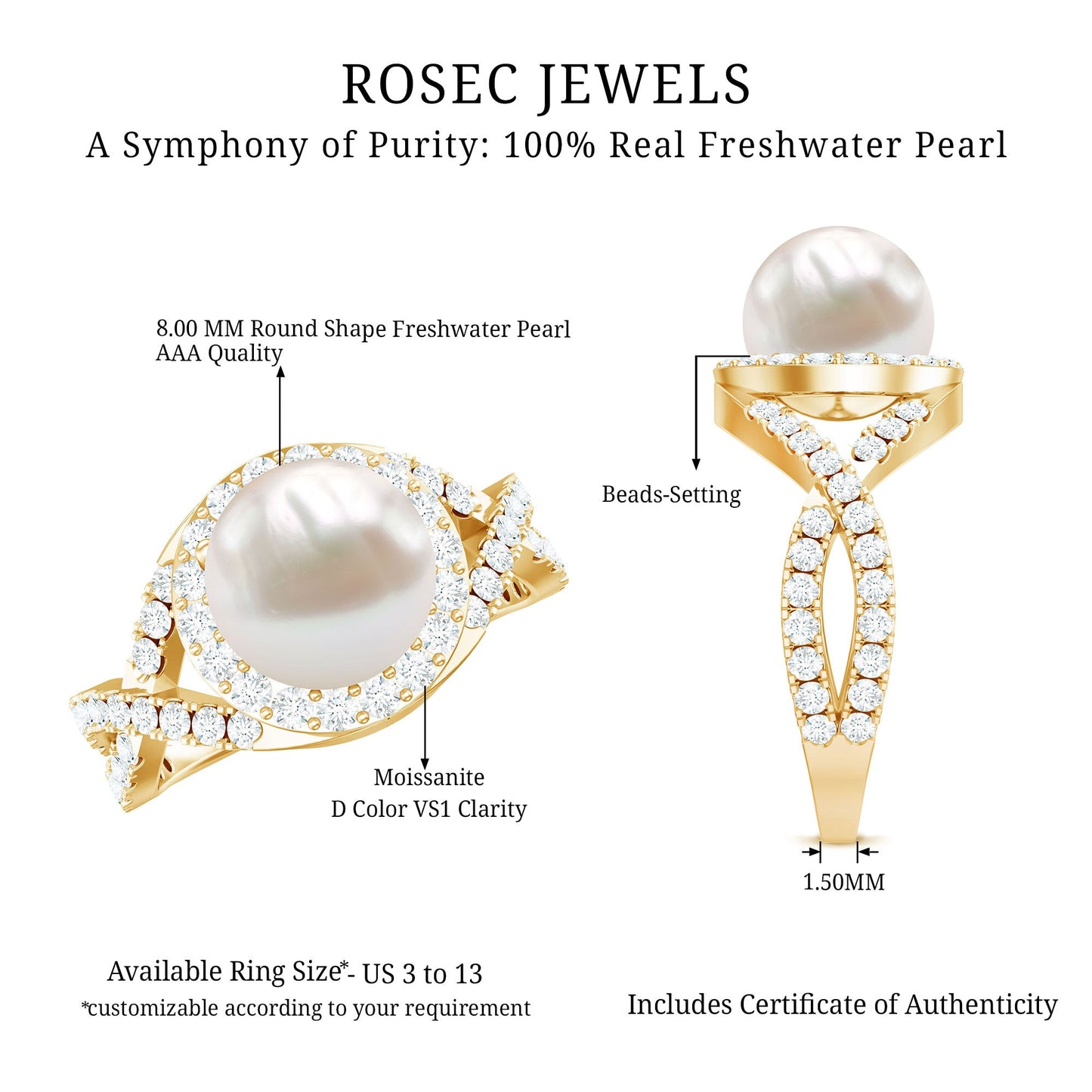 7.4 Carat Freshwater Pearl Engagement Ring with Moissanite Crossover Shank