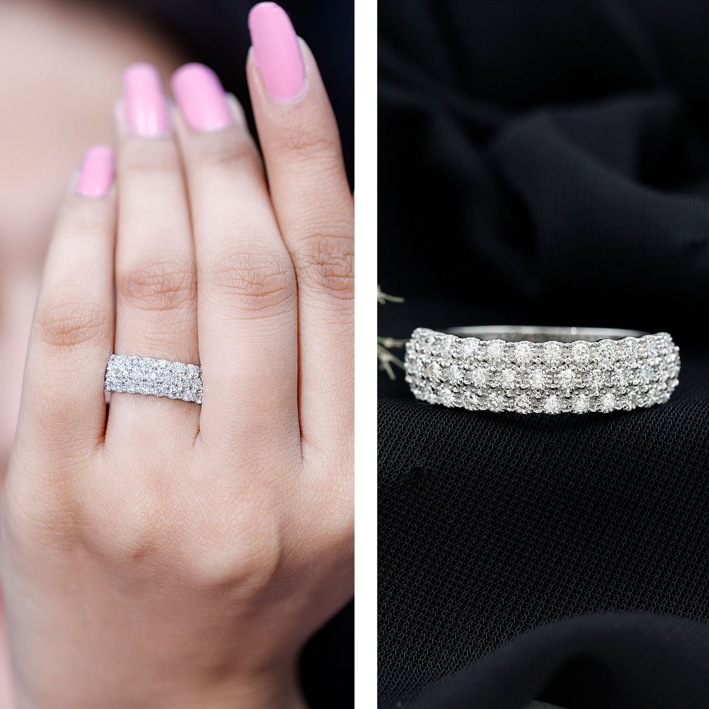 Diamond 3 Row Wide Wedding Band Ring