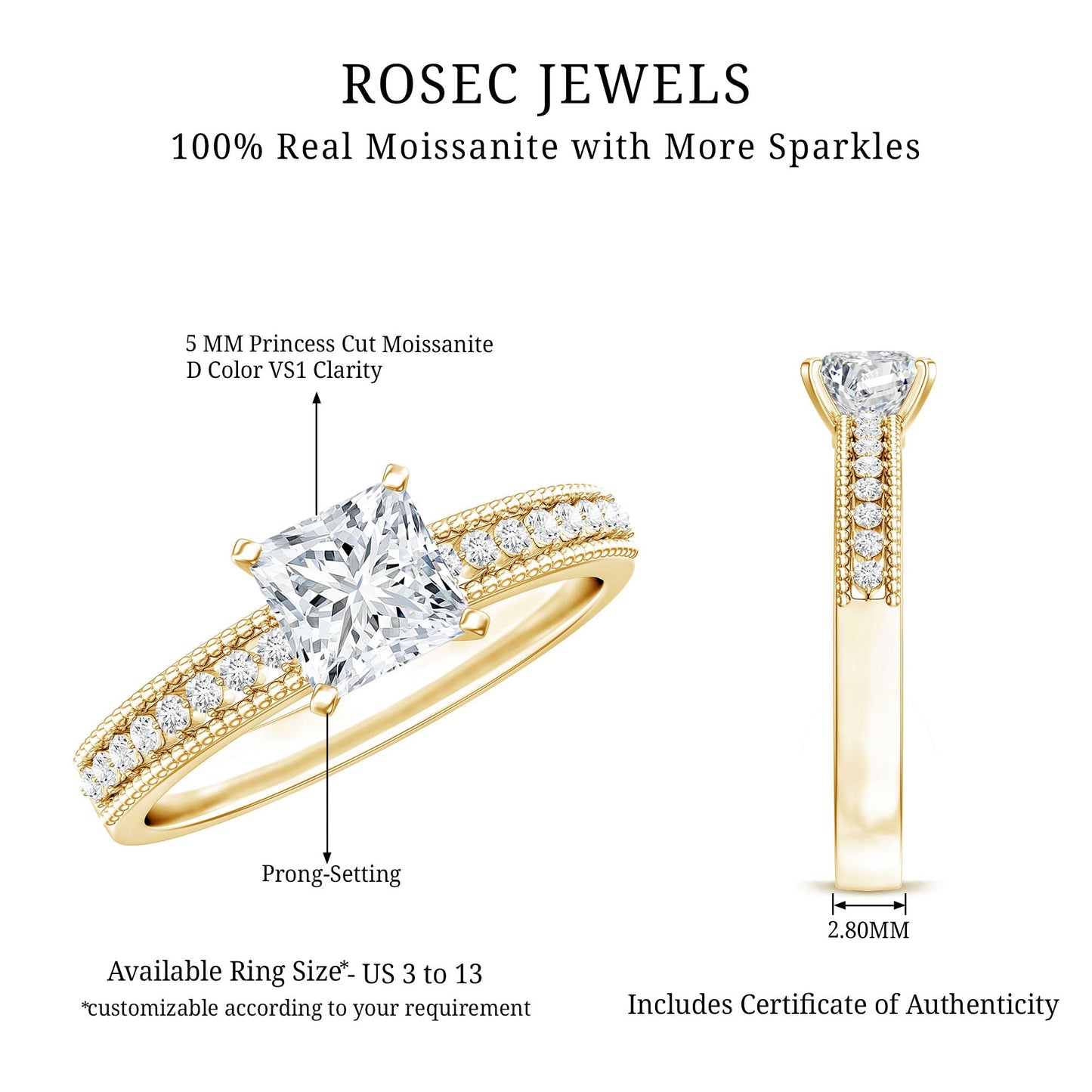 Moissanite Solitaire Engagement Ring with Princess Cut