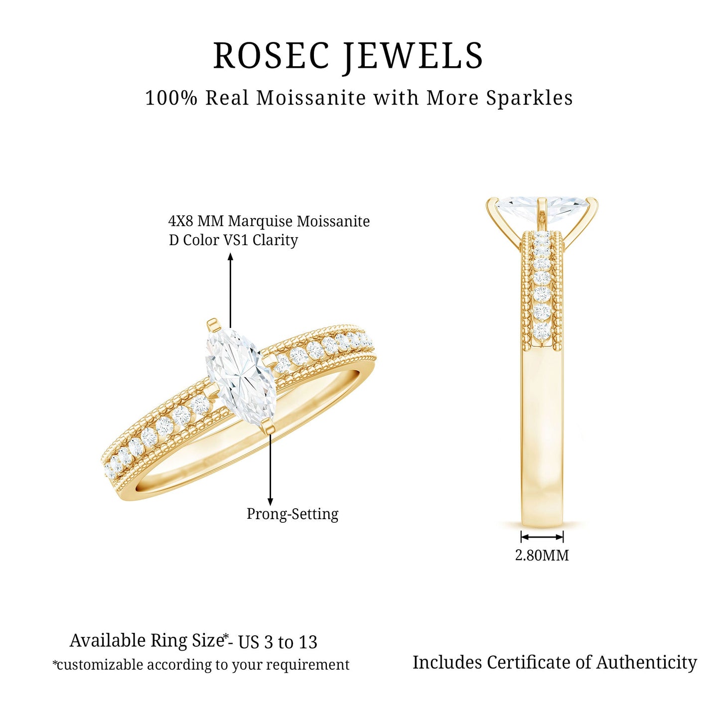 Certified Marquise Cut Moissanite Vintage Solitaire Ring with Side Stones