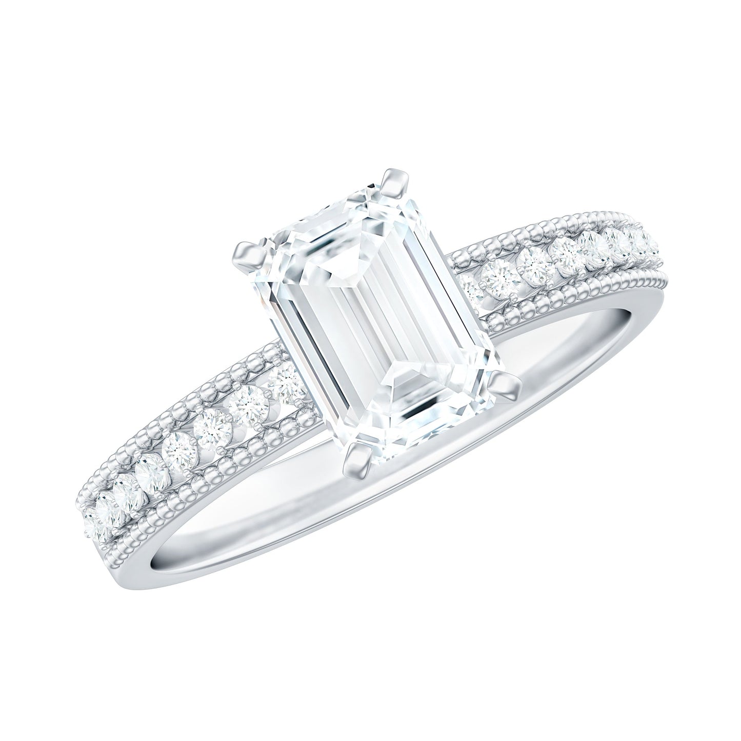 1.8 Carat Emerald Cut Moissanite Solitaire Engagement Ring with Beaded Details