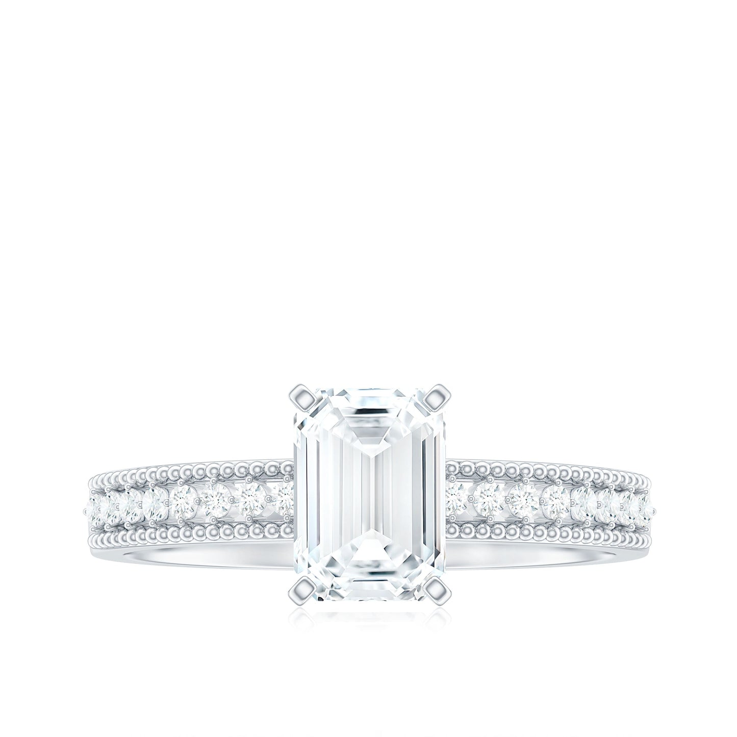 1.8 Carat Emerald Cut Moissanite Solitaire Engagement Ring with Beaded Details