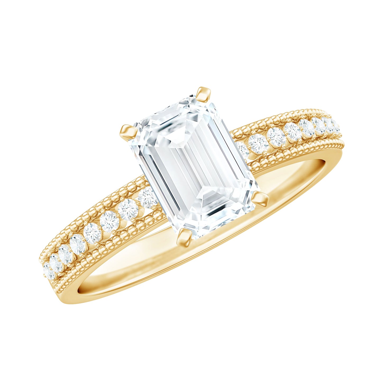 1.8 Carat Emerald Cut Moissanite Solitaire Engagement Ring with Beaded Details