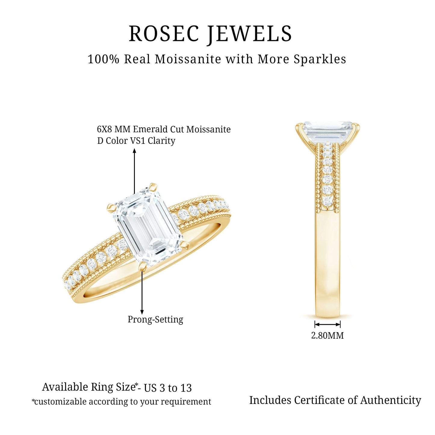 1.8 Carat Emerald Cut Moissanite Solitaire Engagement Ring with Beaded Details