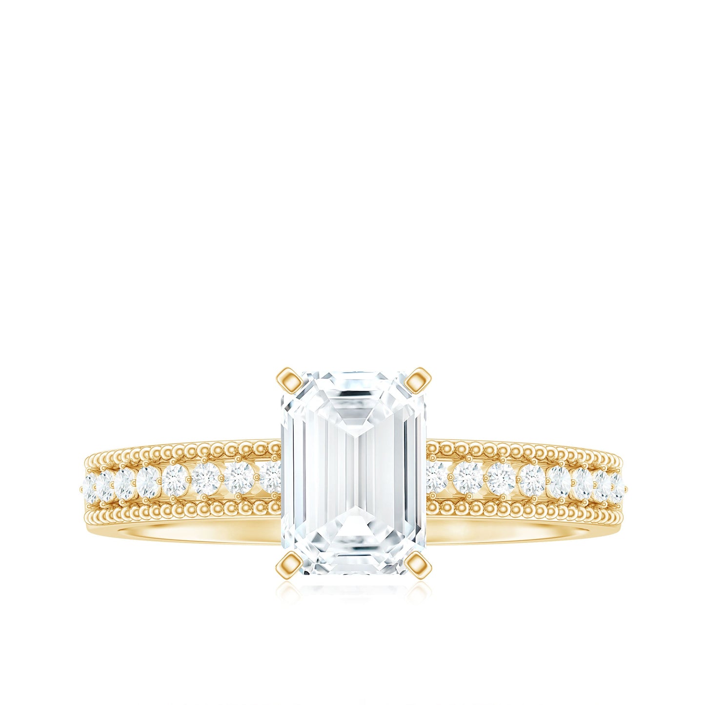 1.8 Carat Emerald Cut Moissanite Solitaire Engagement Ring with Beaded Details