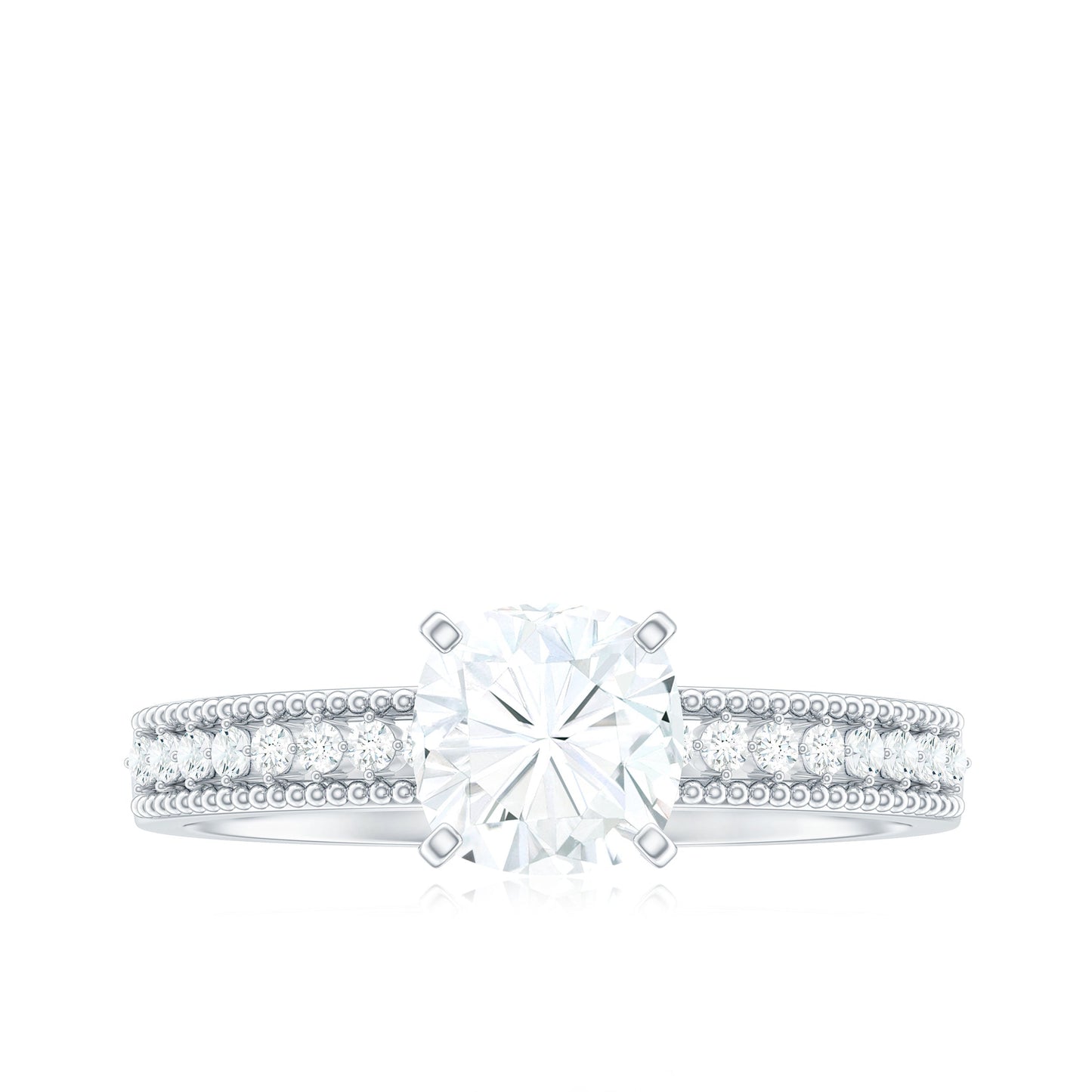 1.7 Carat Cushion Cut Moissanite Solitaire Engagement Ring with Beaded Details