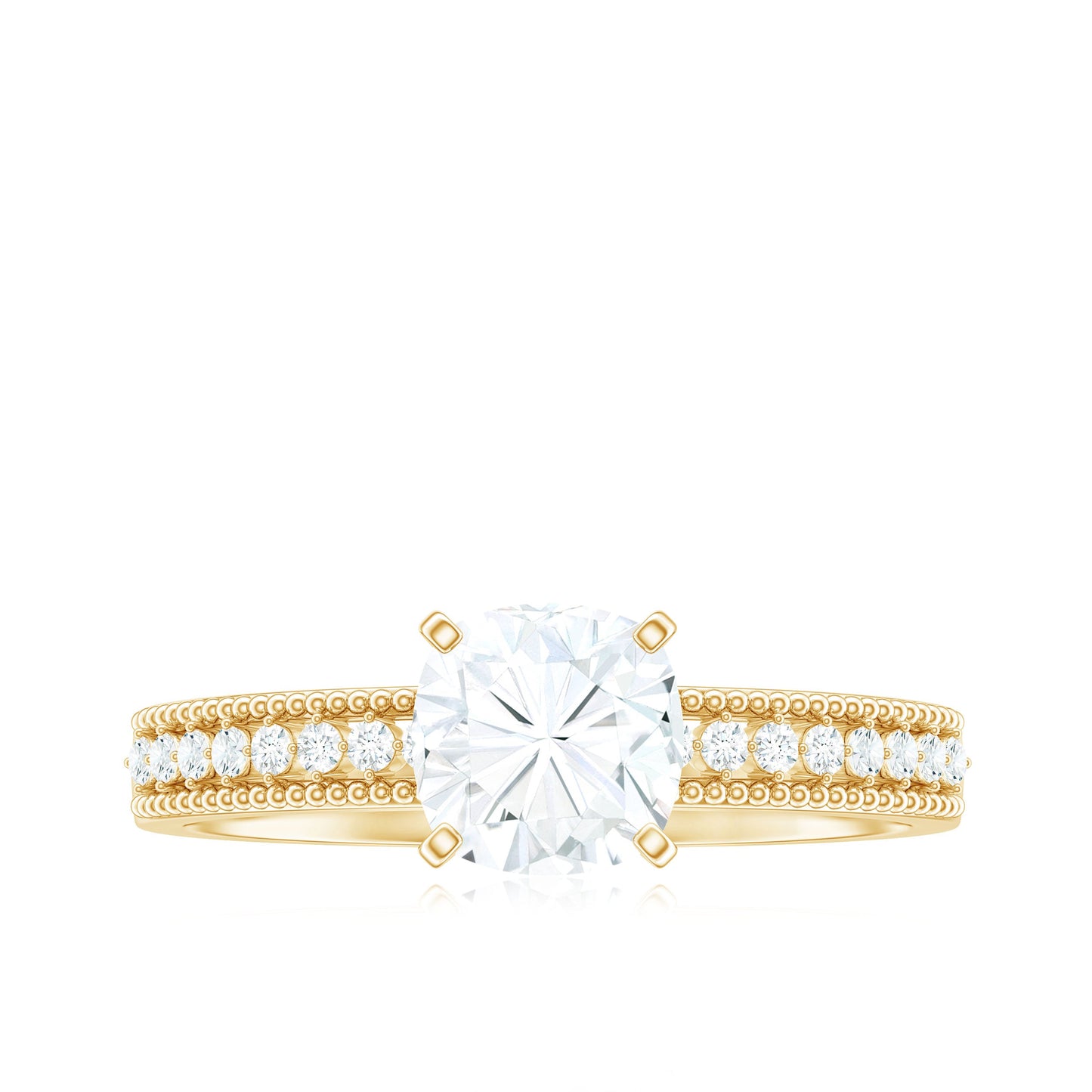 1.7 Carat Cushion Cut Moissanite Solitaire Engagement Ring with Beaded Details