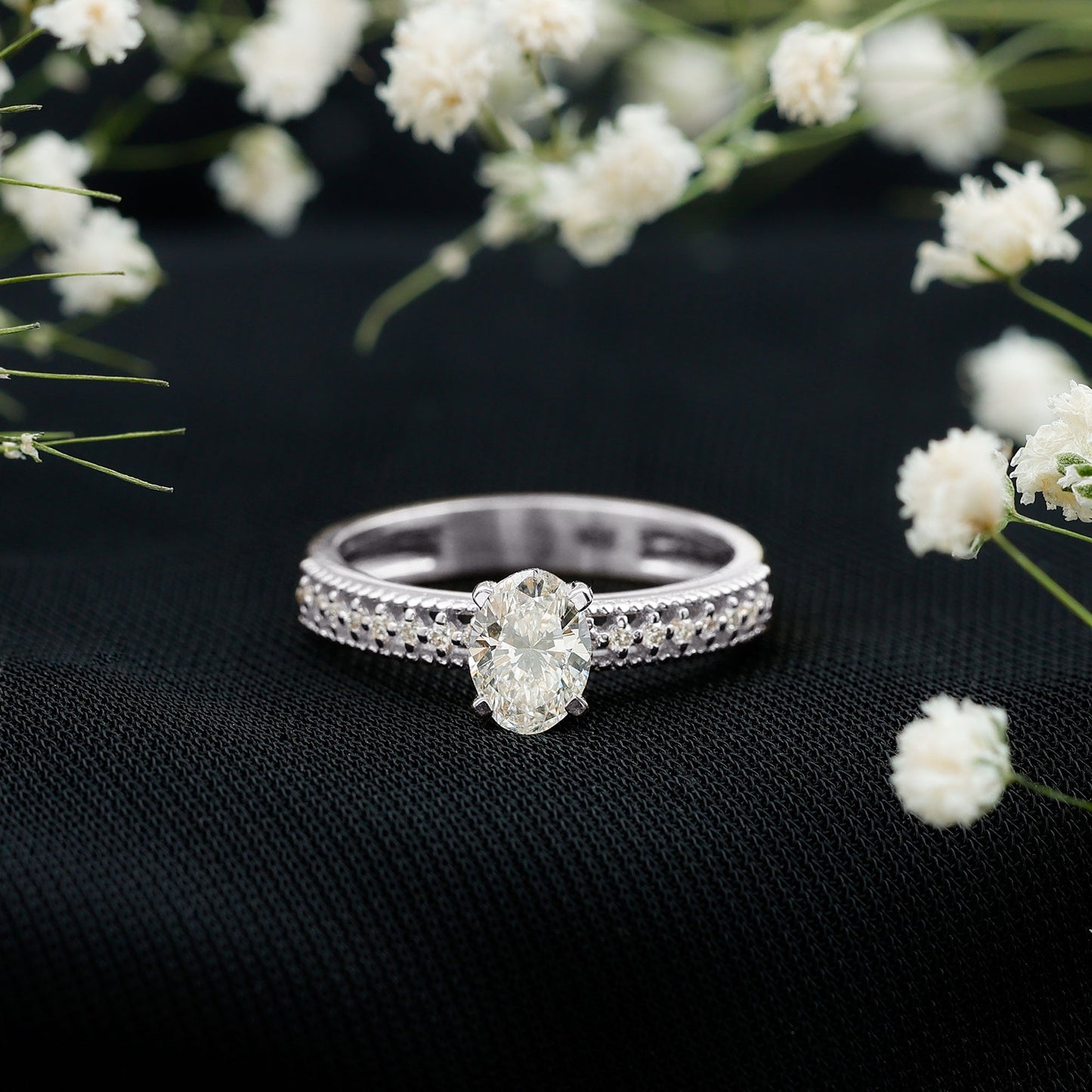0.9 Carat Oval Cut Moissanite Solitaire Beaded Engagement Ring