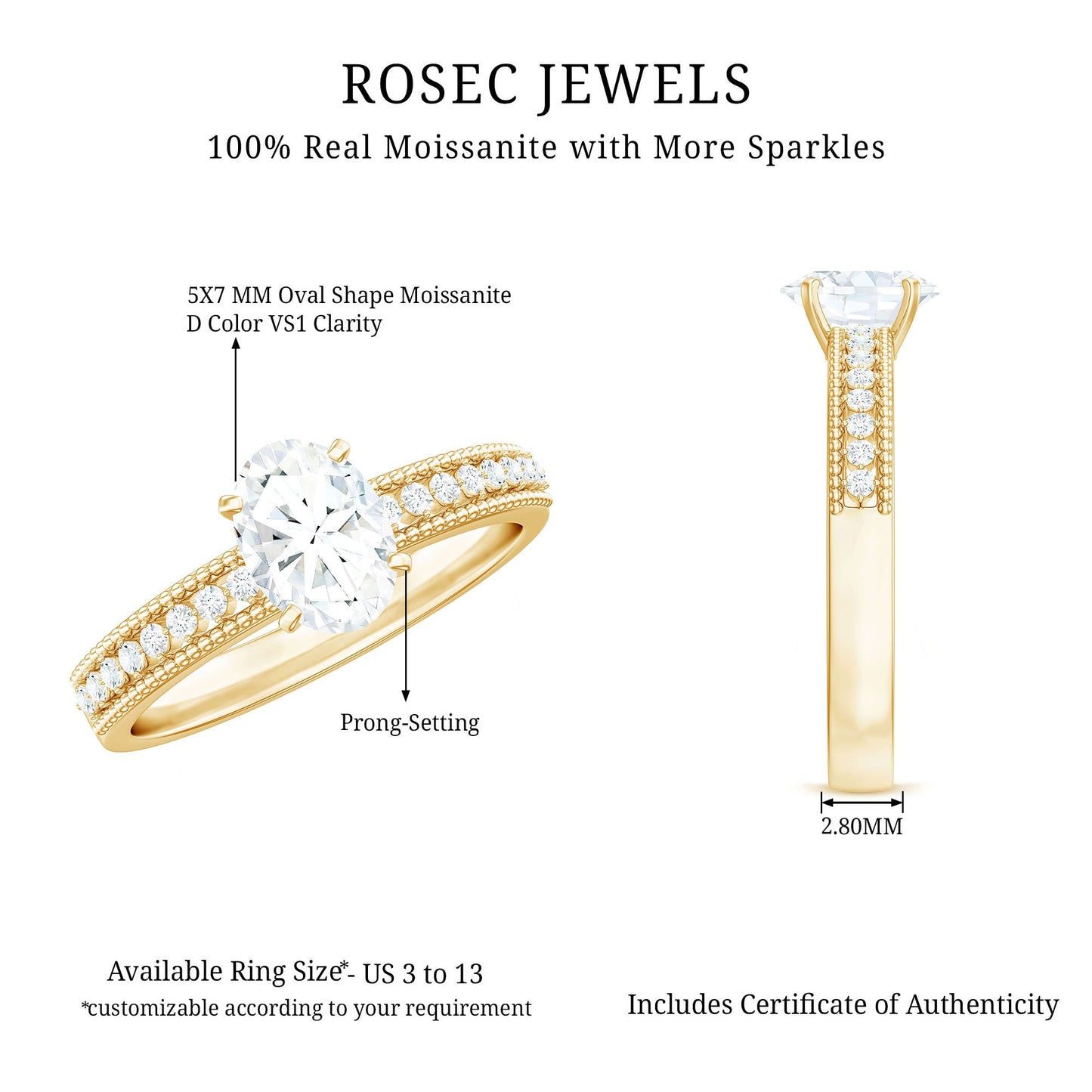 0.9 Carat Oval Cut Moissanite Solitaire Beaded Engagement Ring
