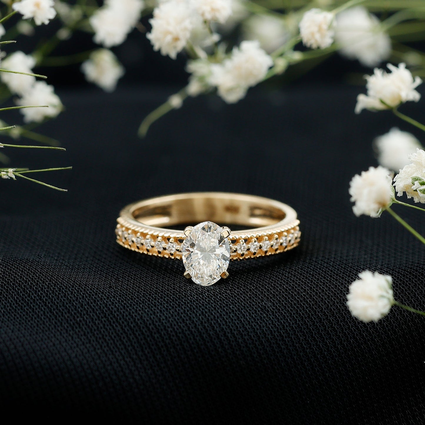 0.9 Carat Oval Cut Moissanite Solitaire Beaded Engagement Ring