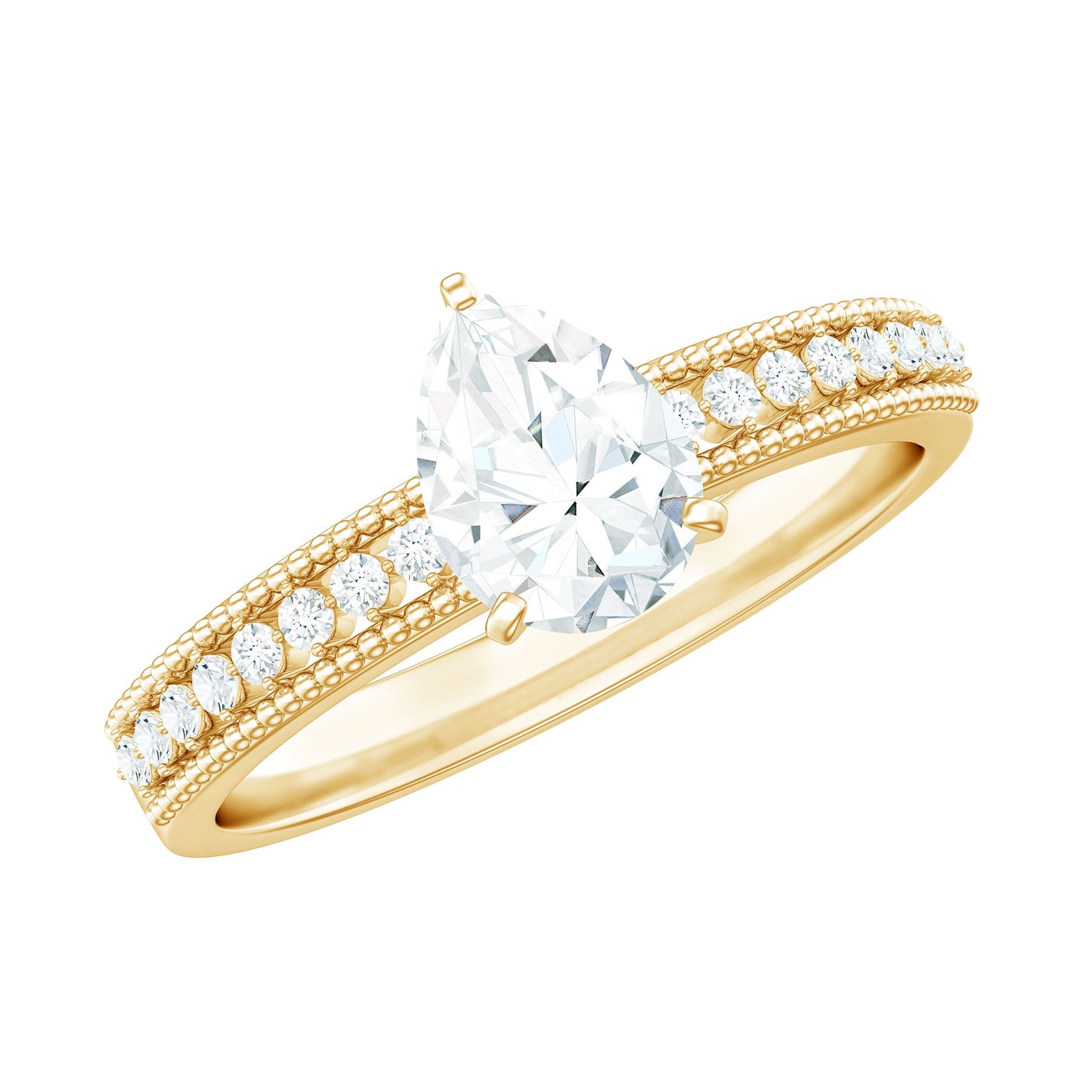 Pear Shaped Moissanite Solitaire Engagement Ring with Beaded Design