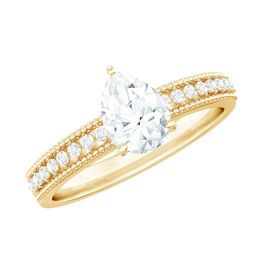 Pear Shaped Moissanite Solitaire Engagement Ring with Beaded Design
