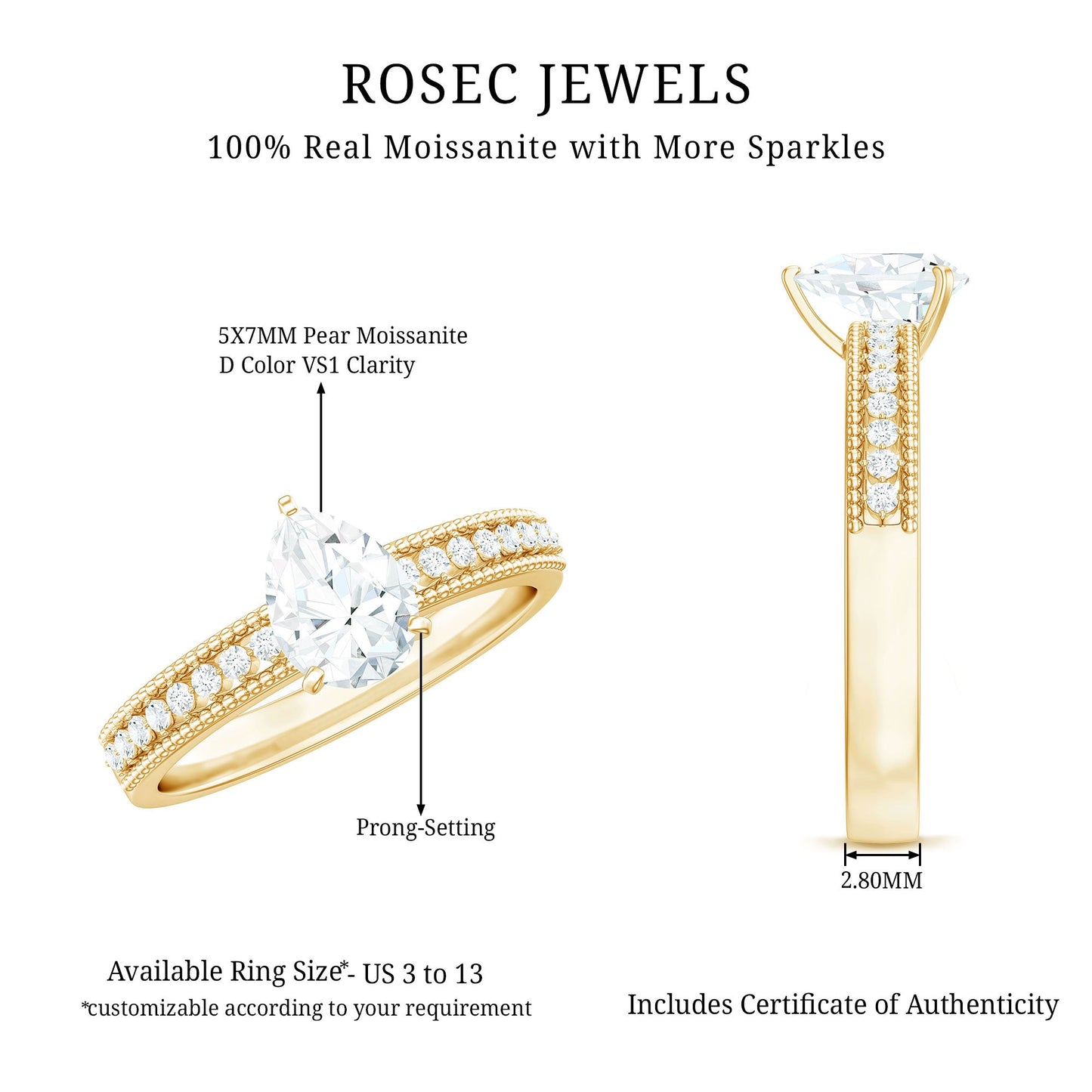 Pear Shaped Moissanite Solitaire Engagement Ring with Beaded Design
