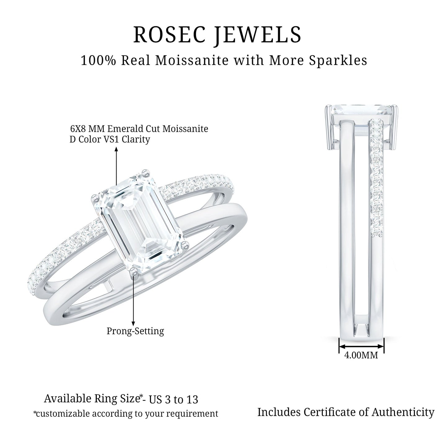 1.8 Carat Emerald Cut Moissanite Double Band Engagement Ring