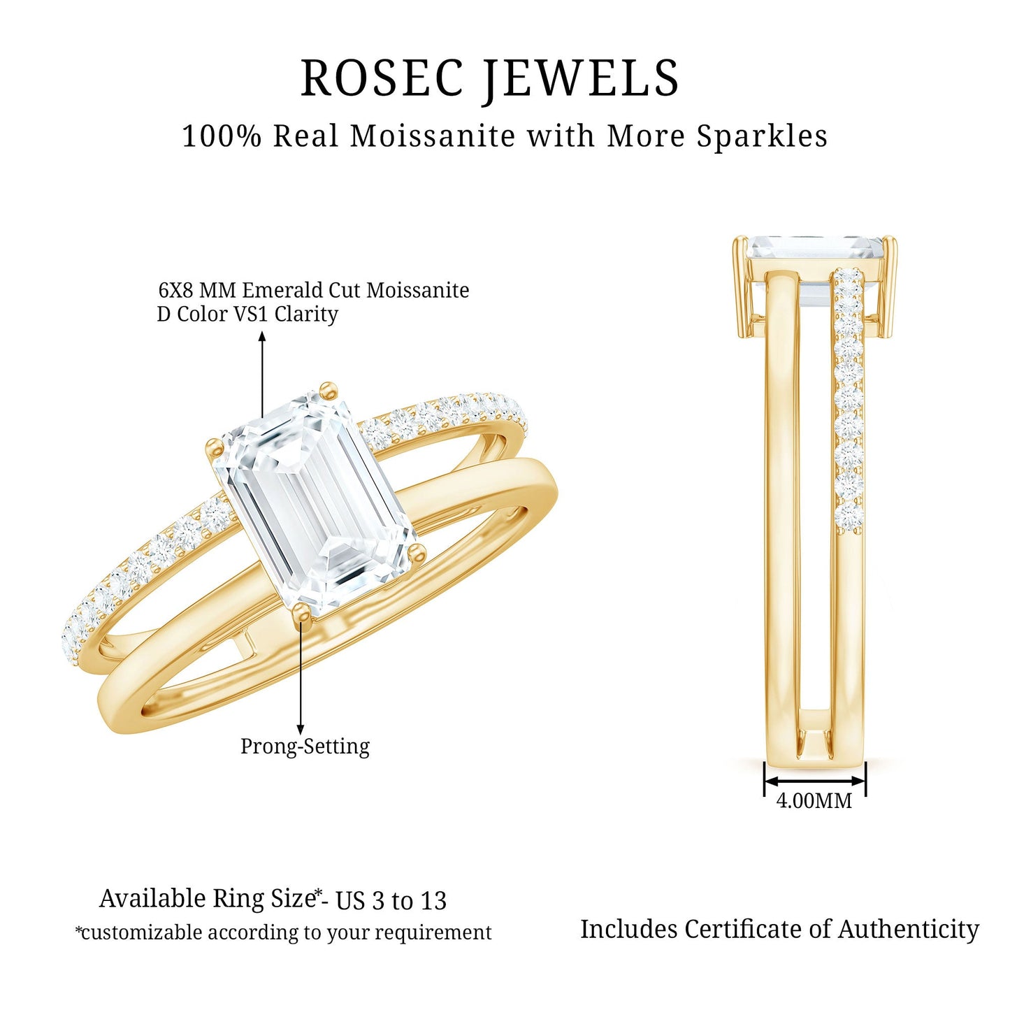 1.8 Carat Emerald Cut Moissanite Double Band Engagement Ring