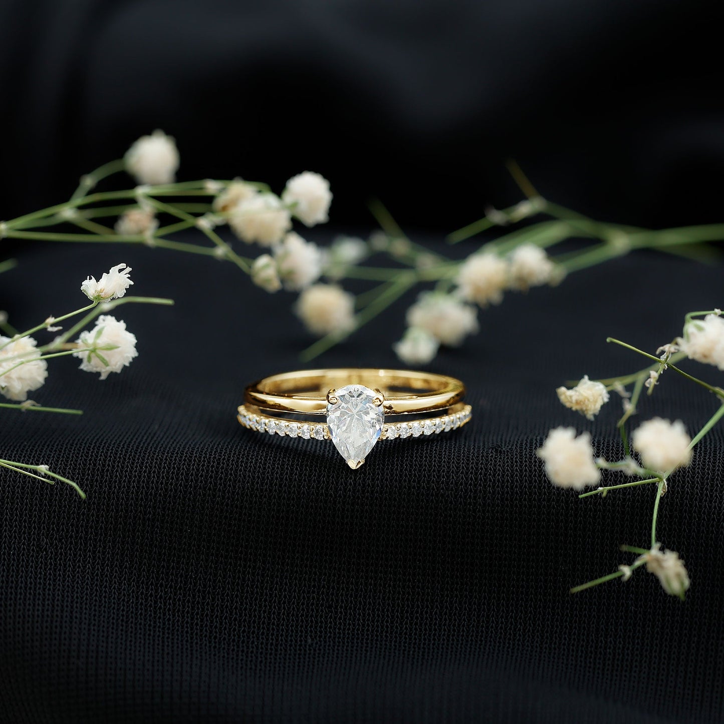 Pear Cut Solitaire Moissanite Double Band Engagement Ring