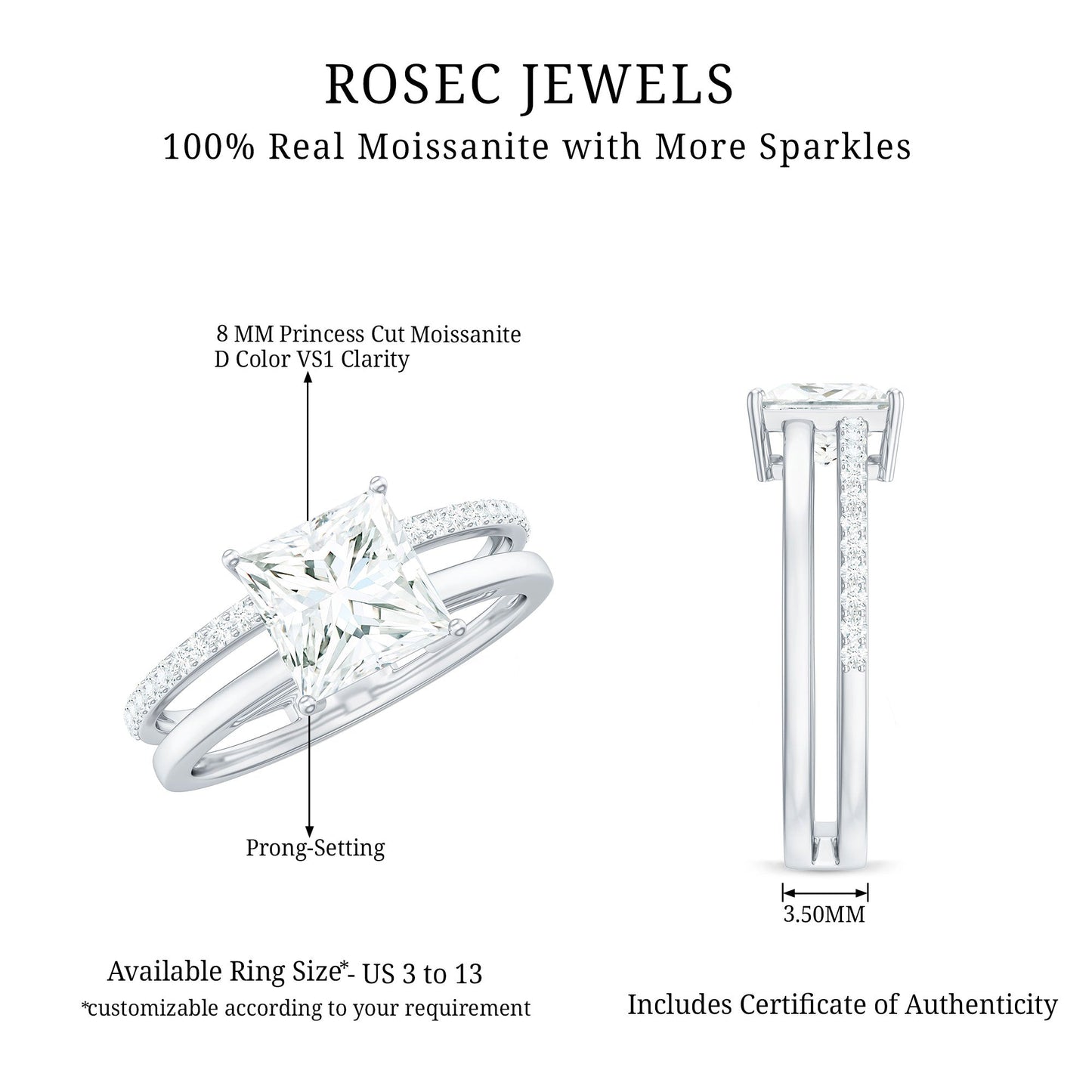 3 Carat Princess Cut Moissanite Double Band Engagement Ring