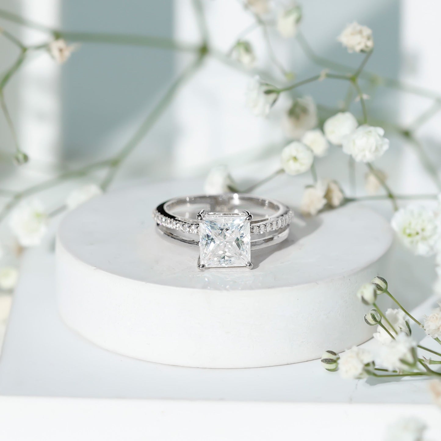 3 Carat Princess Cut Moissanite Double Band Engagement Ring